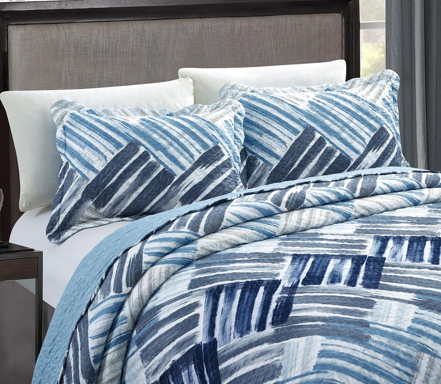 Brilliant Sunshine Blue Grey Stripe Quilt Set 3-Piece 1