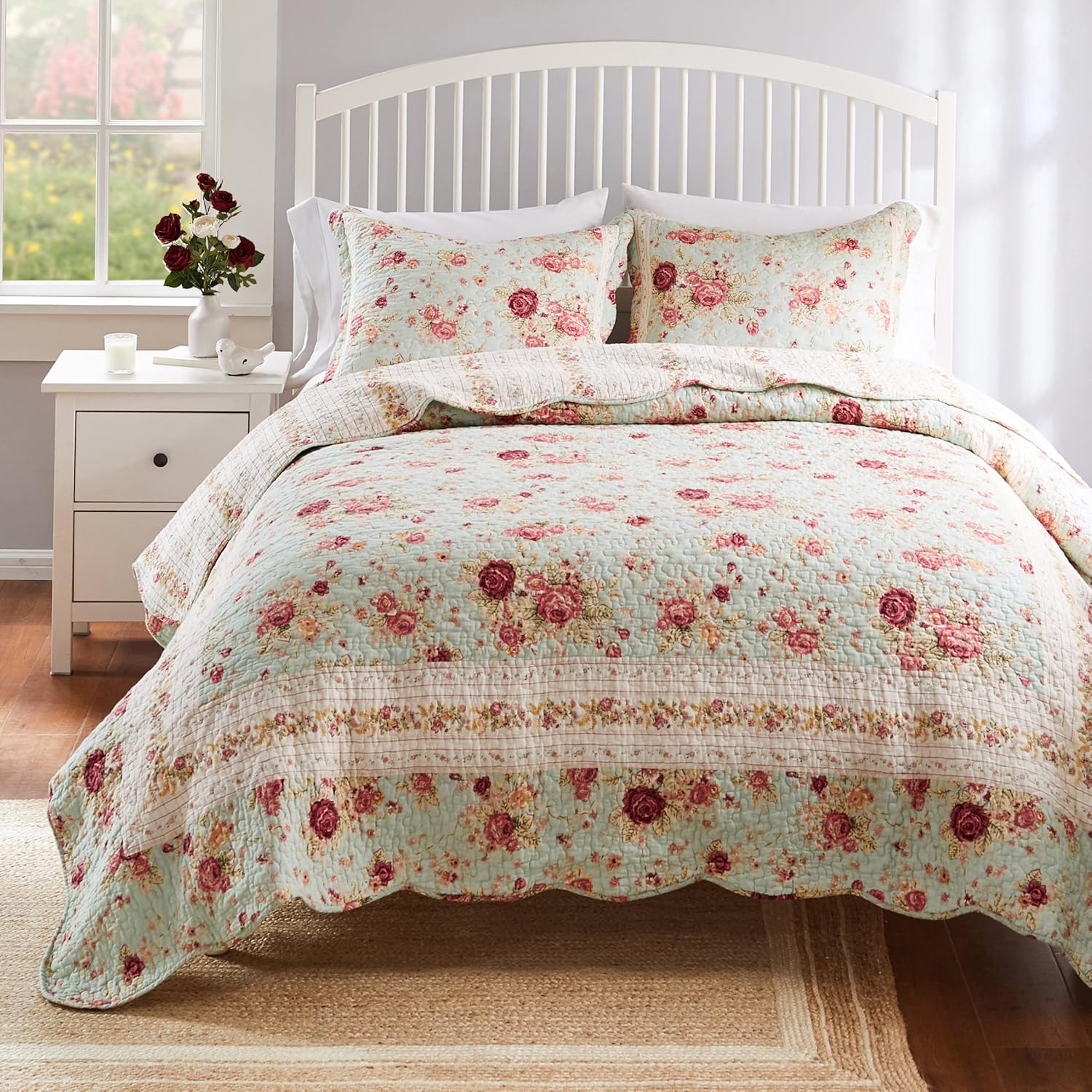 Greenland Home Antique Rose Cotton Quilt Set TwinXL Blue