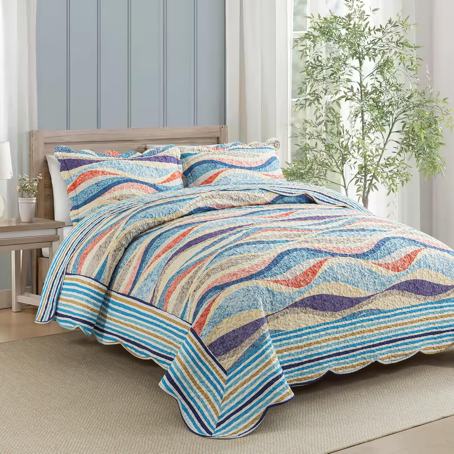 HoneiLife Oversized King Quilt Set 120x120 - Coastal Style 3 Piece