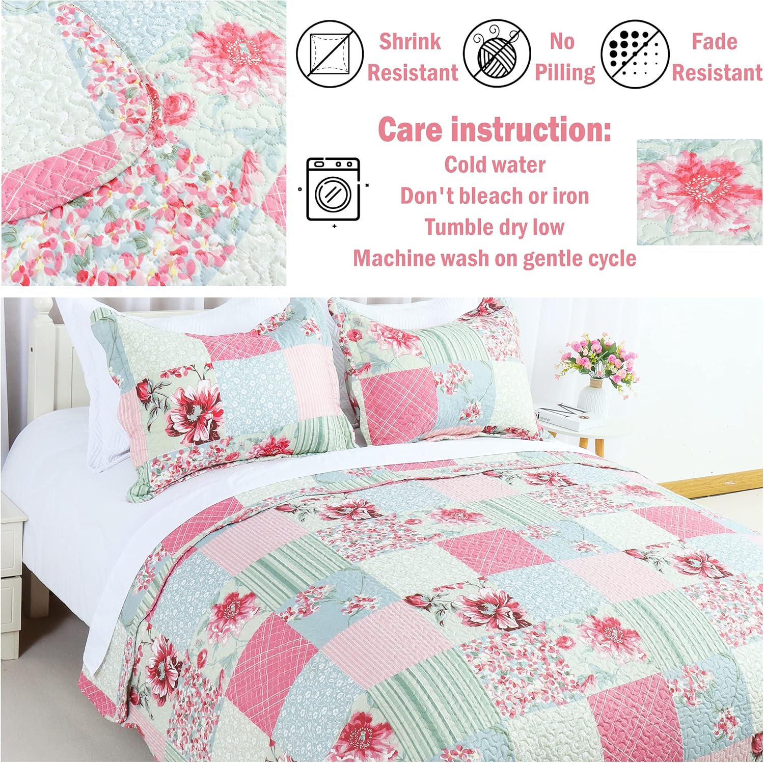 Cmfshape Floral Queen Quilt Set with Pillow Cases