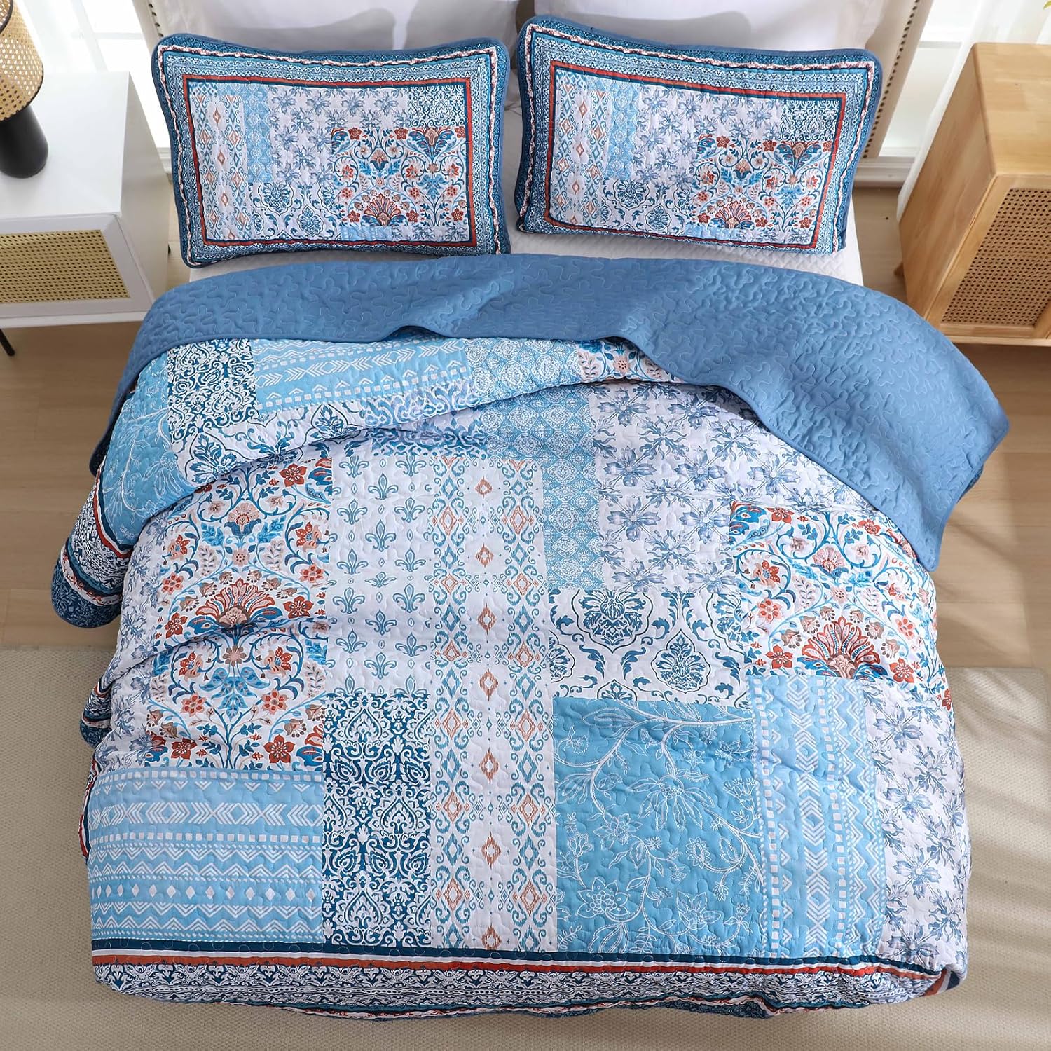 WONGS BEDDING Blue Boho Quilt Set King Size 3 Pieces