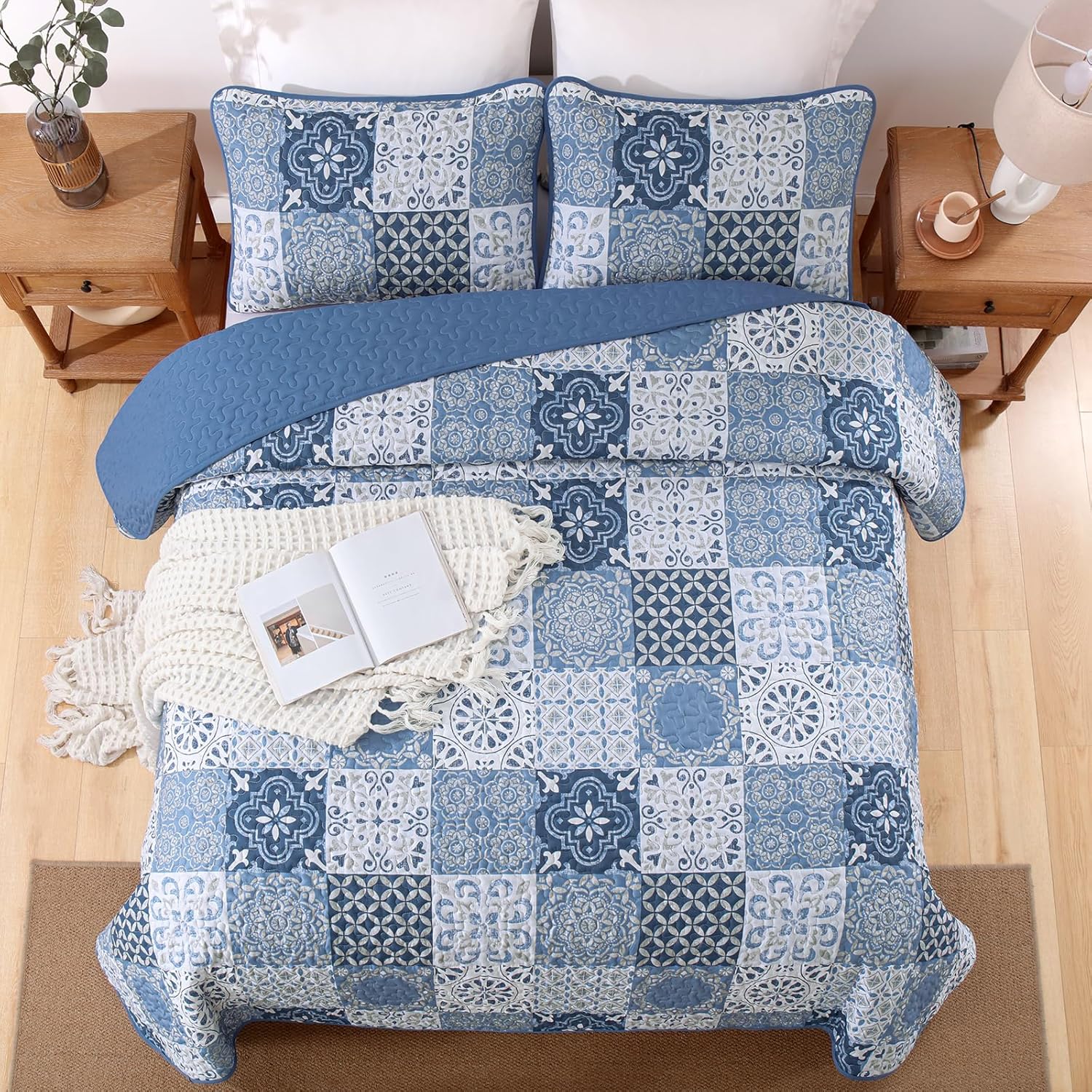 Dobuyly Blue Quilt Set King Size 3 Piece