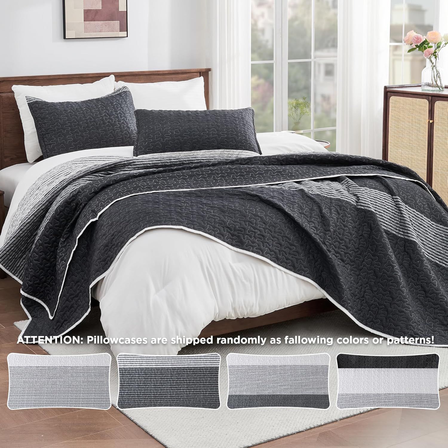 Andency King Size Quilt Set Black and White Striped