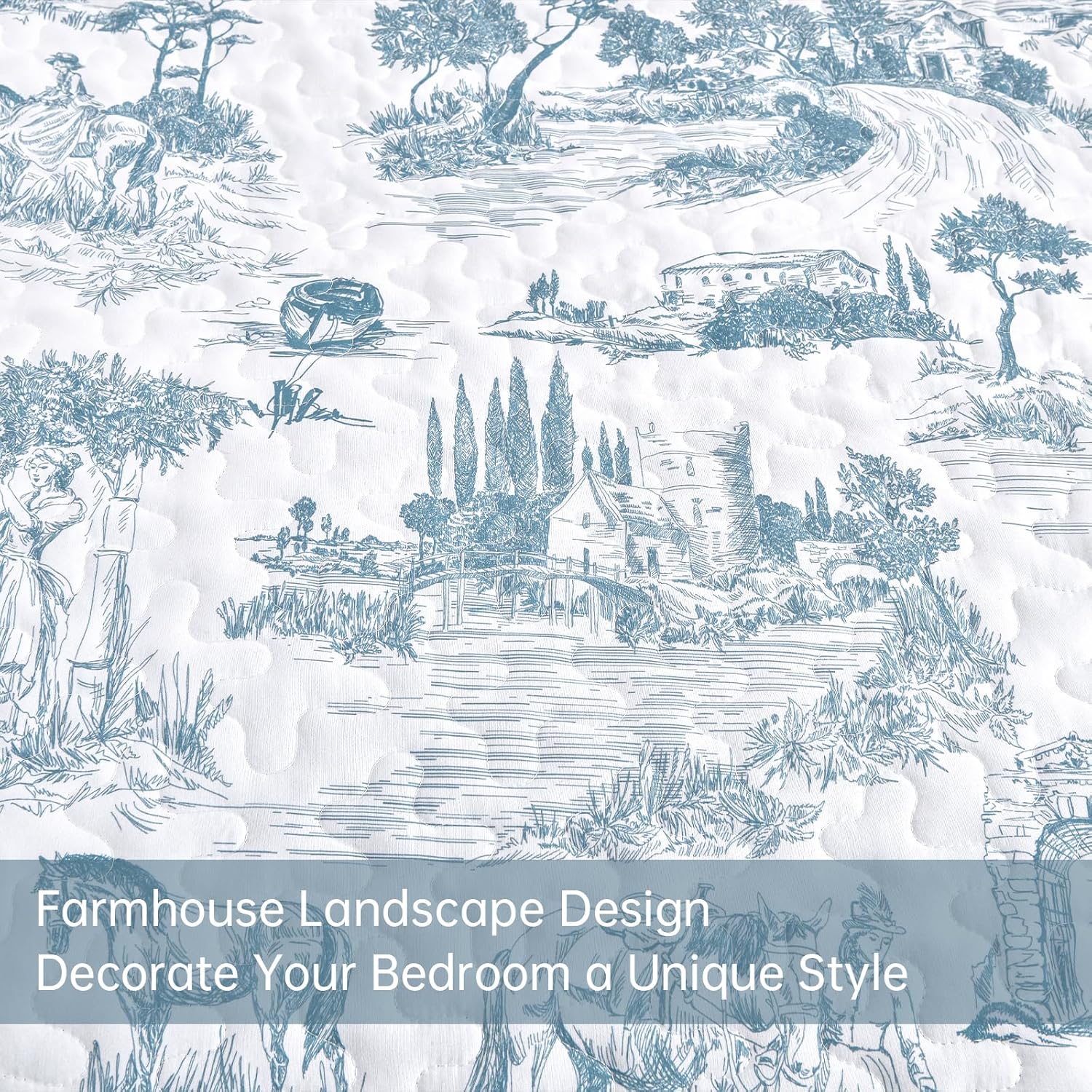 Drucon Blue Quilt Set King Size 3 Pieces Farmhouse Design