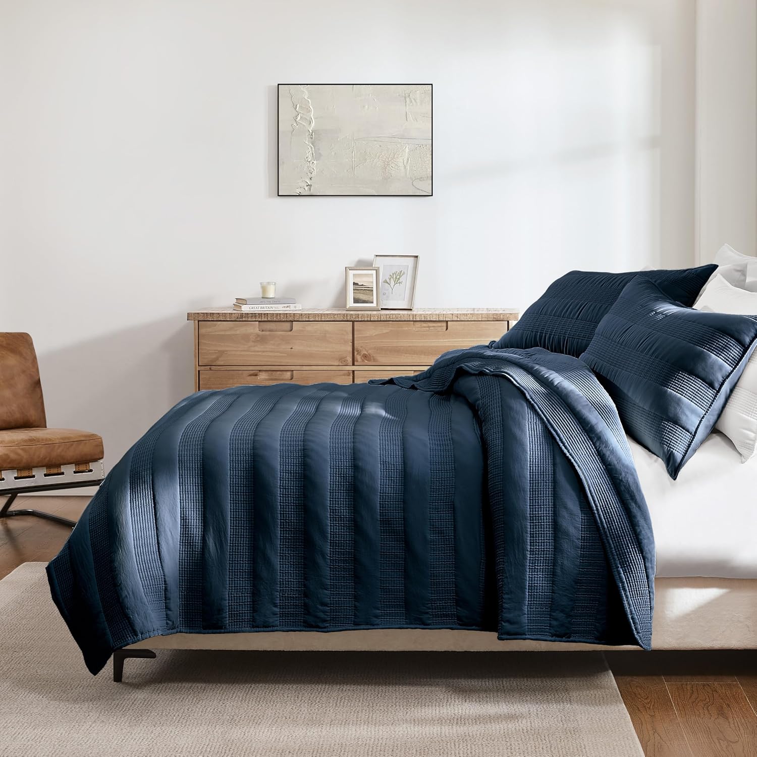HomeSerene Navy Blue Striped Queen Quilt Set