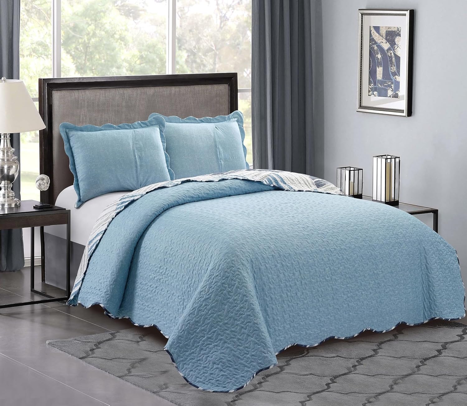 Brilliant Sunshine Blue Grey Stripe Quilt Set 3-Piece 1
