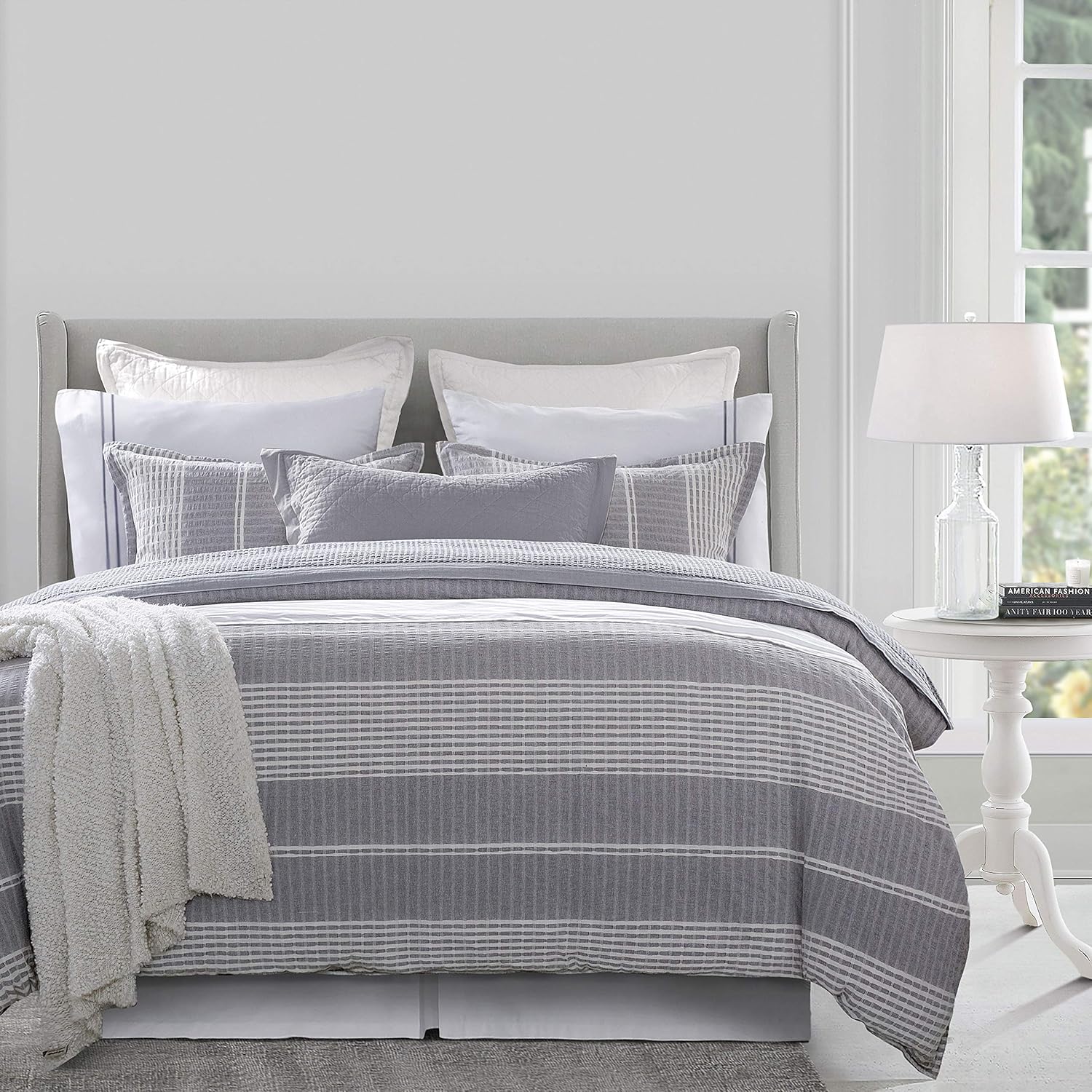 HiEnd Accents 3-Piece Duvet Cover Set Lane Gray White Stripe Seersucker