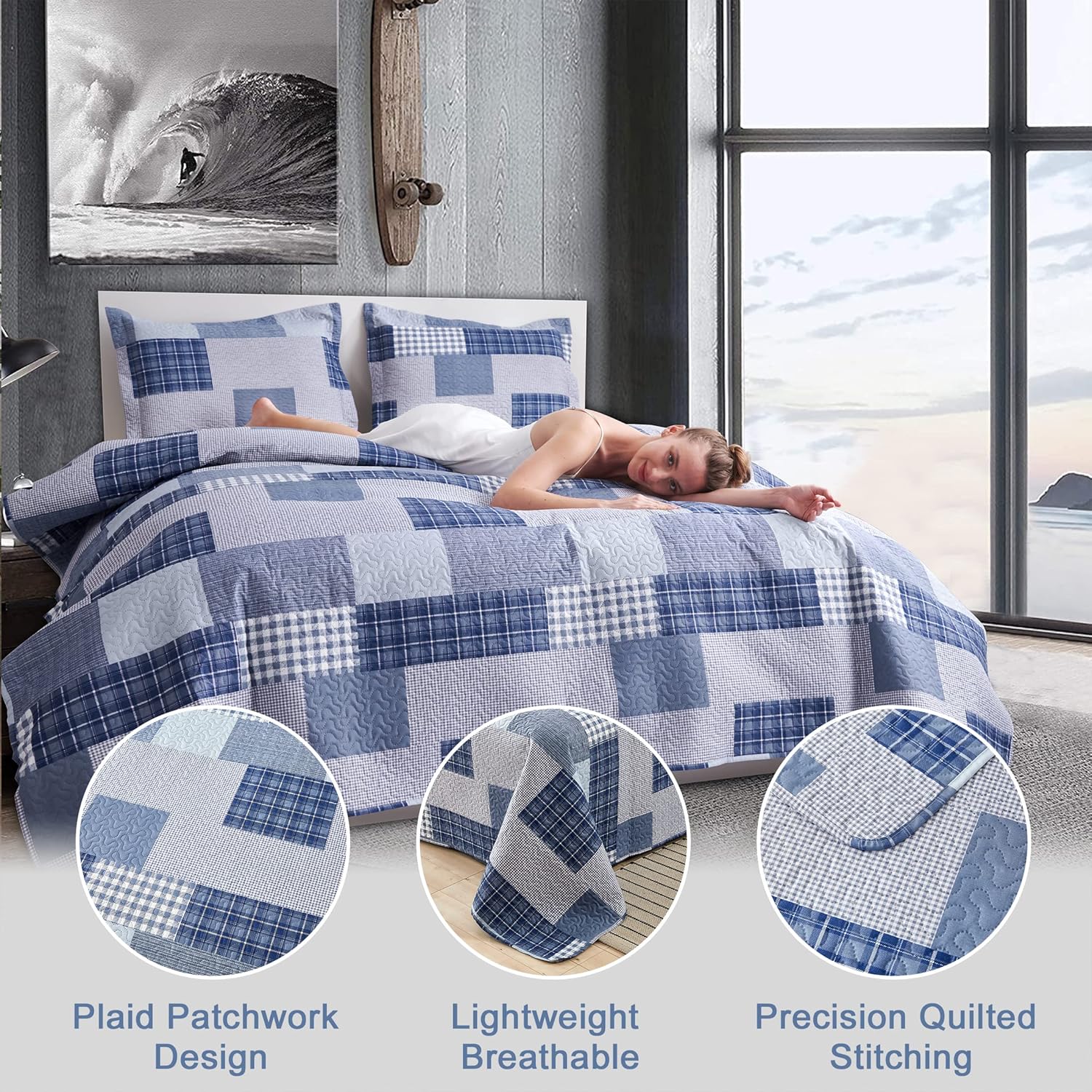 Jessy Home King Size Plaid Quilt Bedding Set