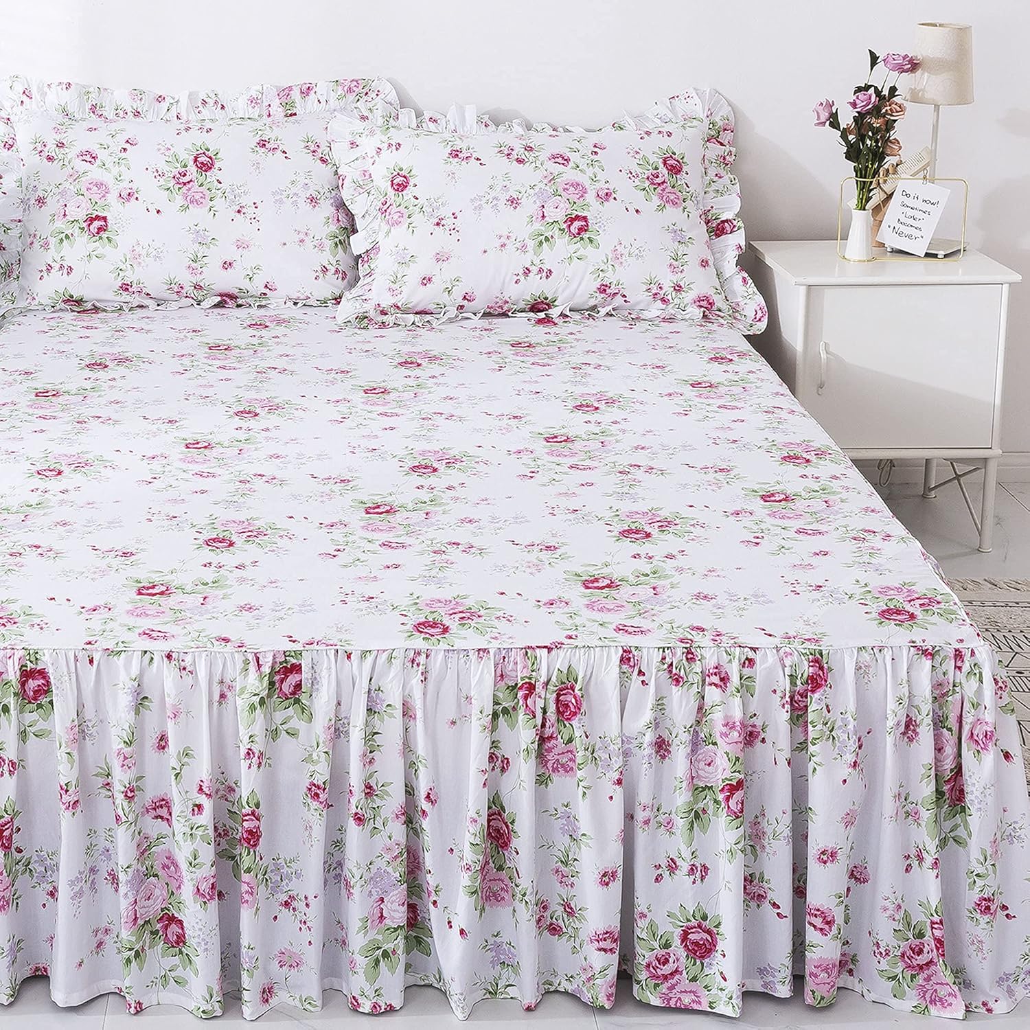 FADFAY 4-Piece Premium Cotton Bedding Set with Pink Rose Print