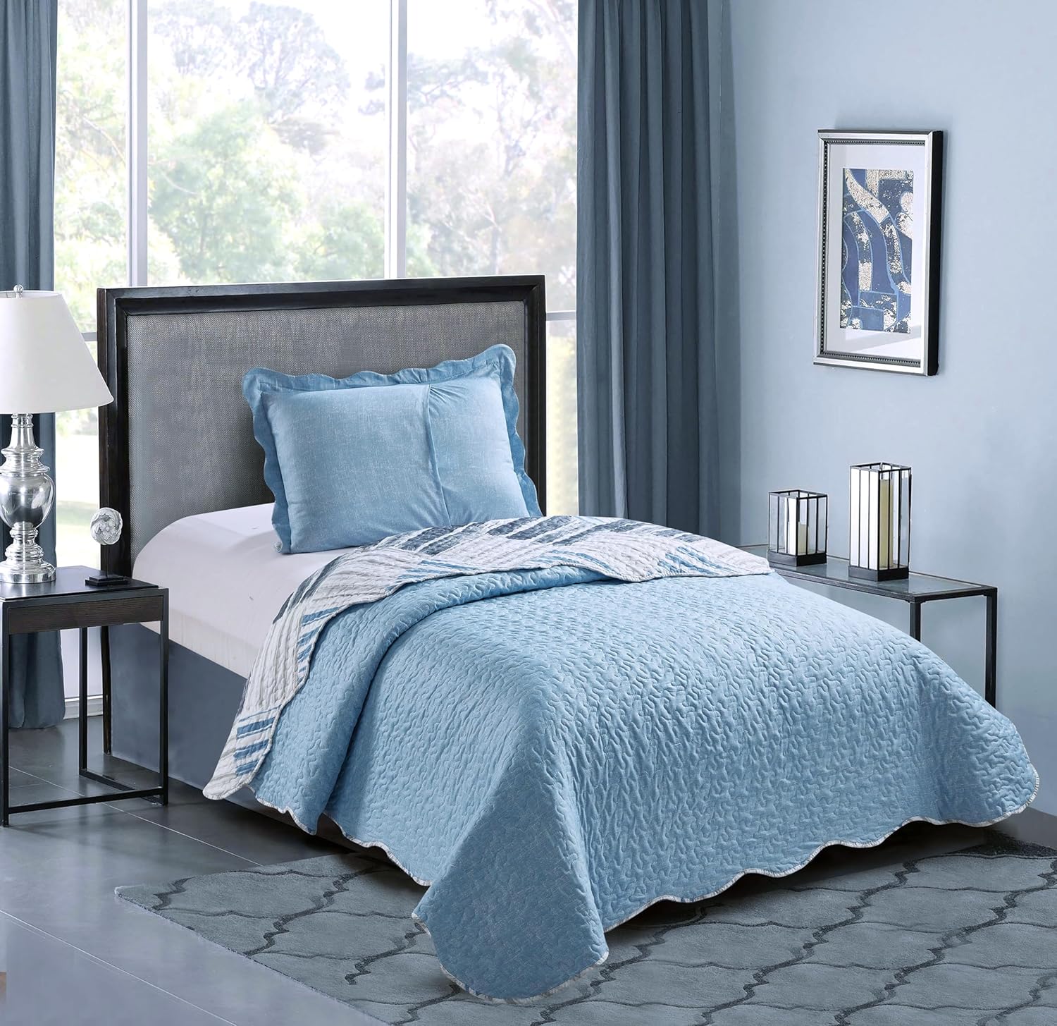 Brilliant Sunshine Blue Grey Stripe Quilt Set Twin 2-Piece with Sham