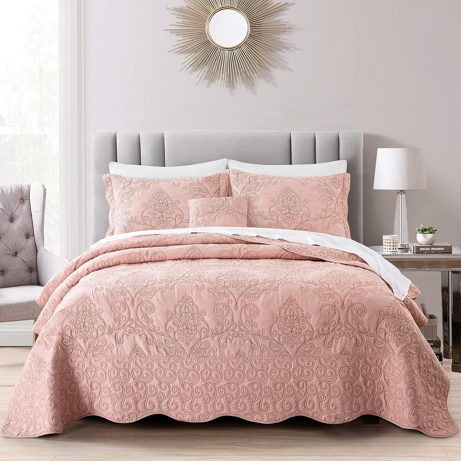 BYTIDE Quilt Bedspread 4 Piece Set Dusty Pink Damask 1
