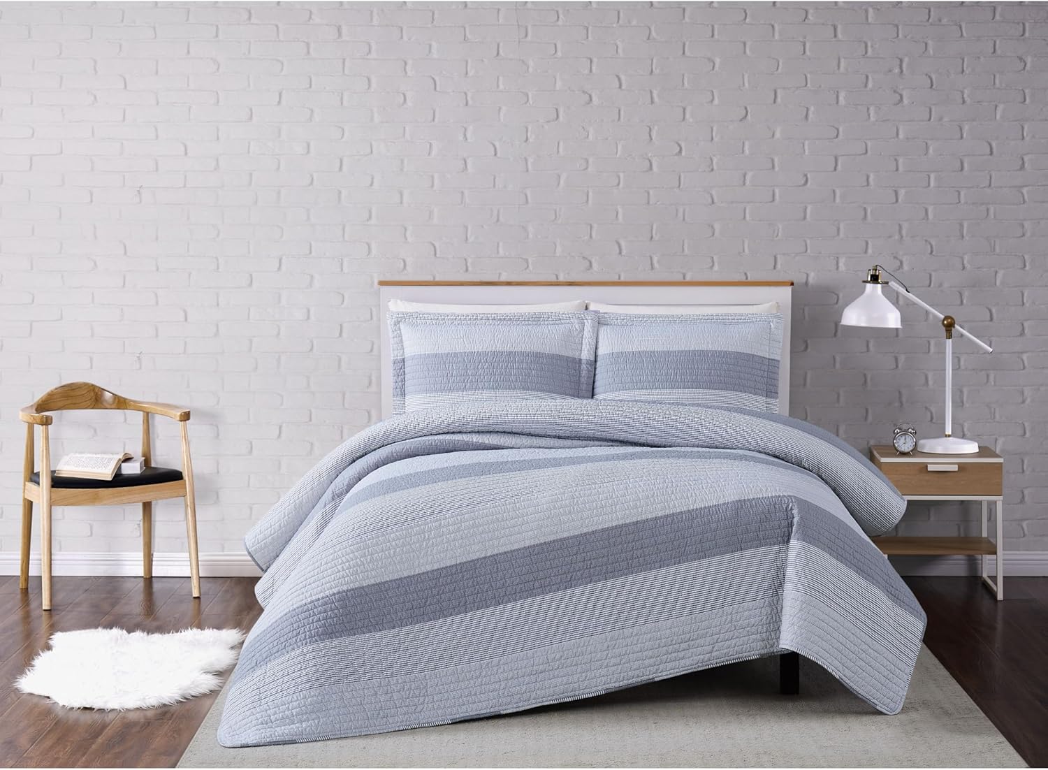 TRULY SOFT Multi Stripe Grey Polyester Quilt Set