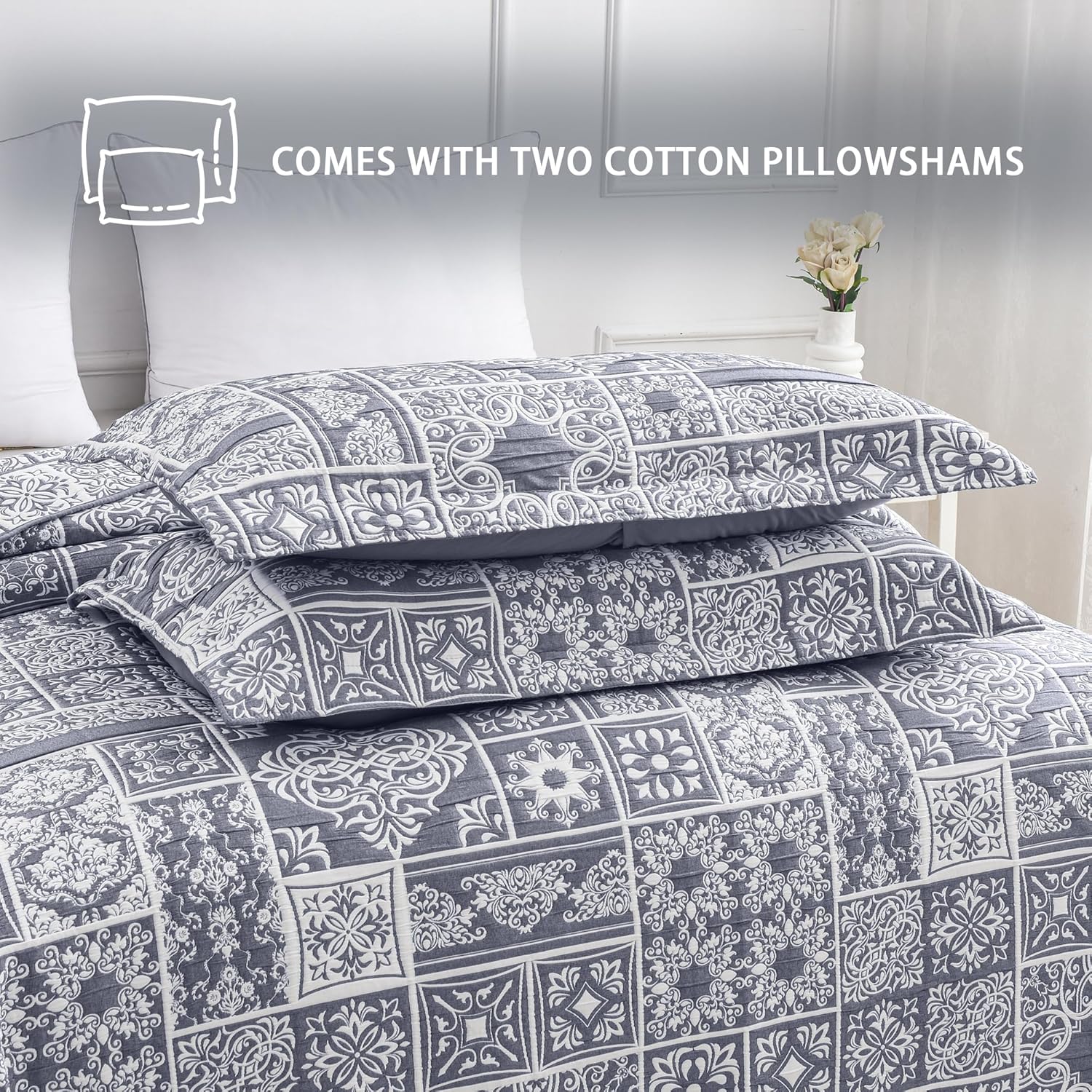 Asuexpect 3 Piece Grey Blue Patchwork Quilt Set King Size