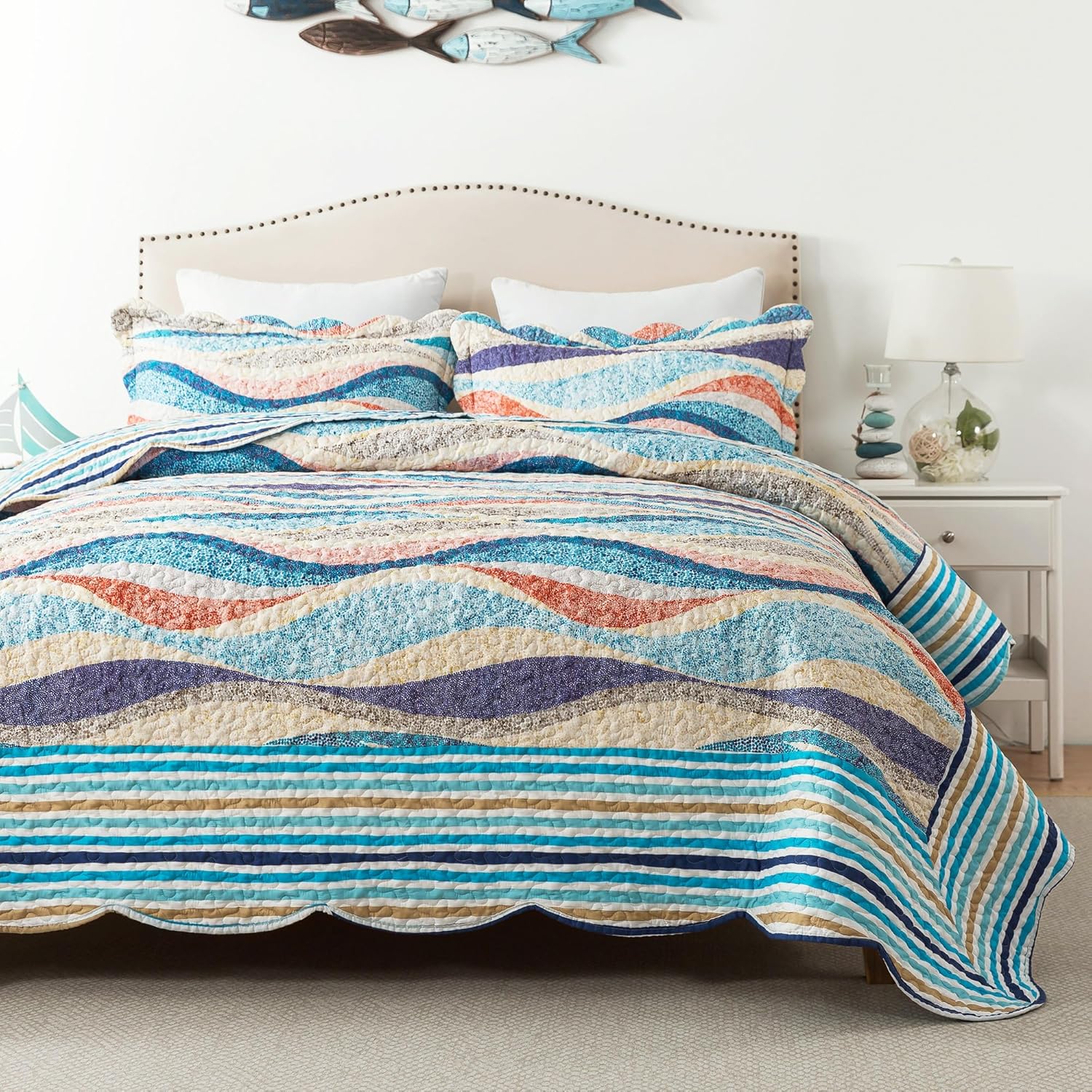 HoneiLife Oversized King Quilt Set 120x120 - Coastal Style 3 Piece