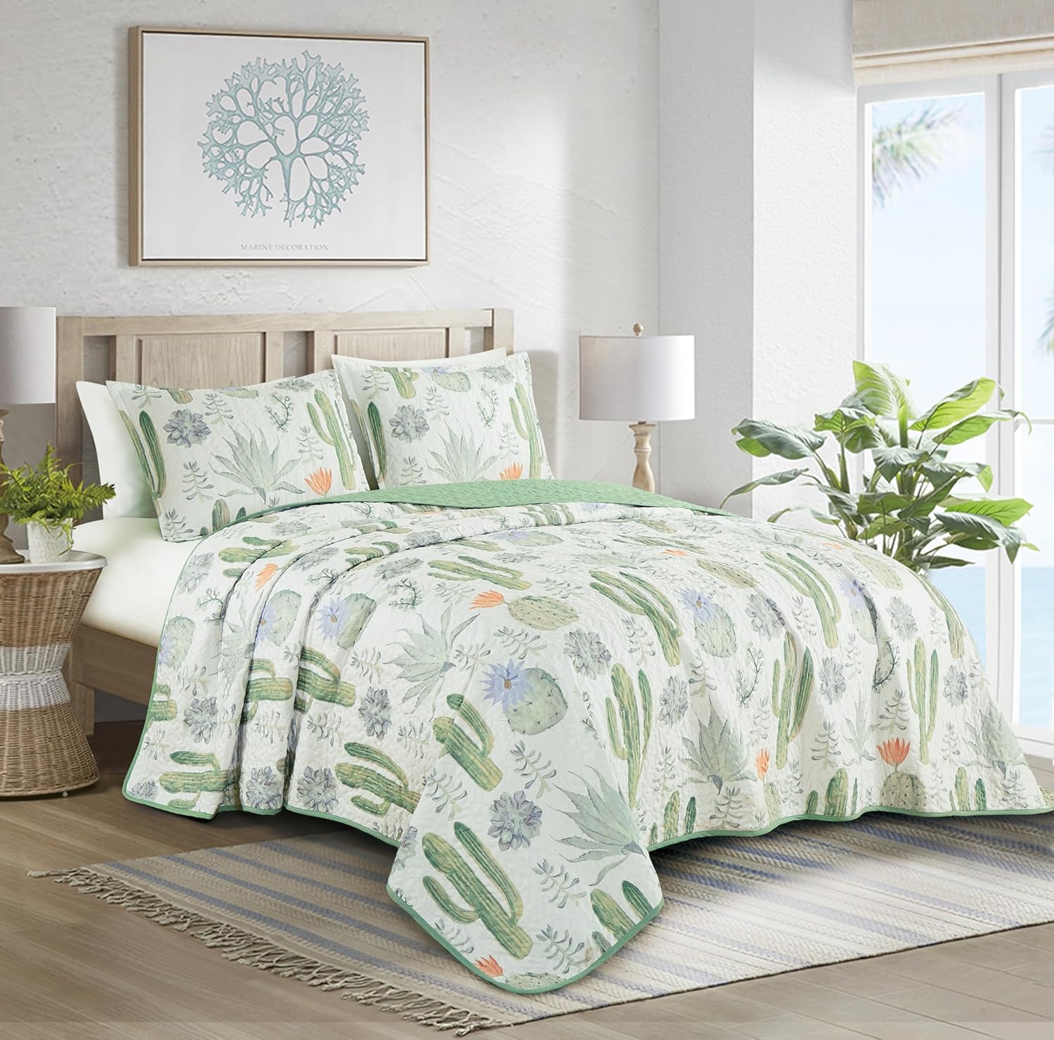 Chezmoi Gregory 2-Piece Quilt Set - Green Blue Cactus Print