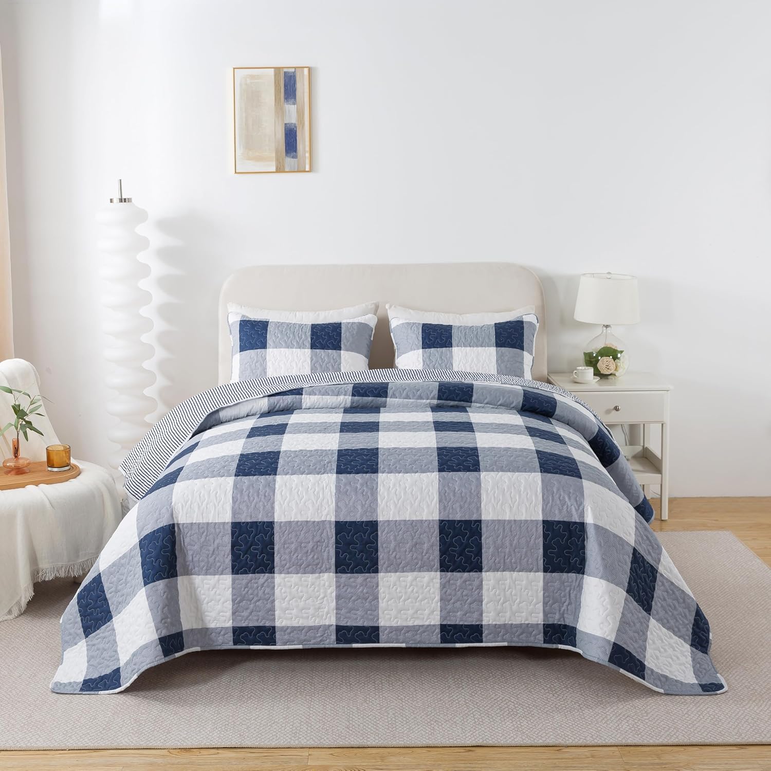 Soul Lane Blue White Buffalo Plaid Quilt Set - King Size