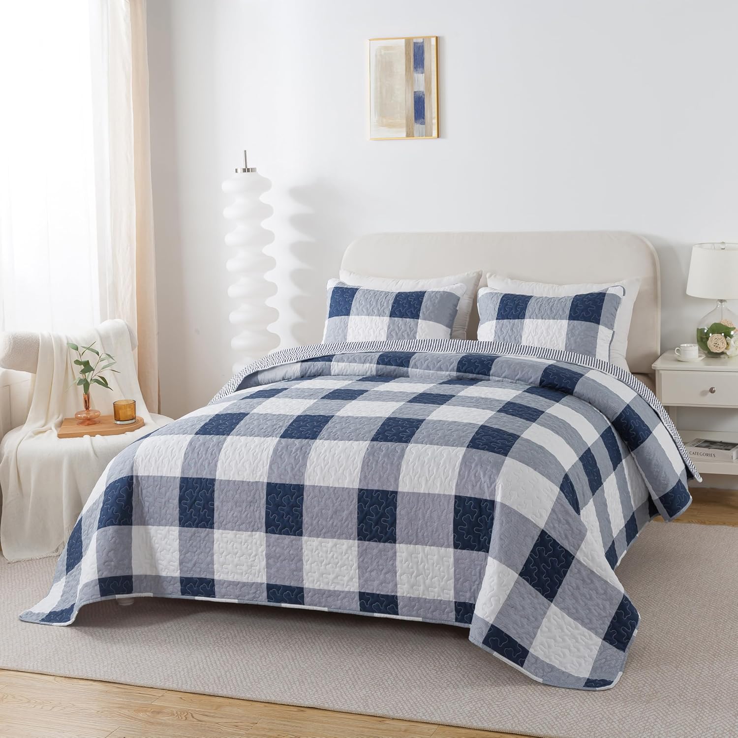 Soul Lane Blue White Buffalo Plaid Quilt Set - King Size