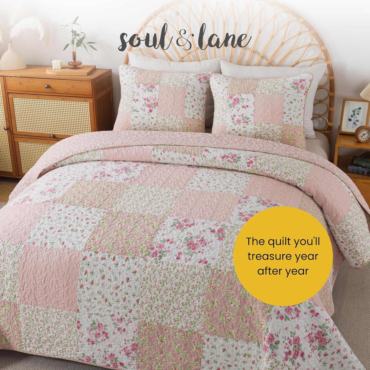 Soul Lane Blush Bloom Cotton Quilt Set Queen