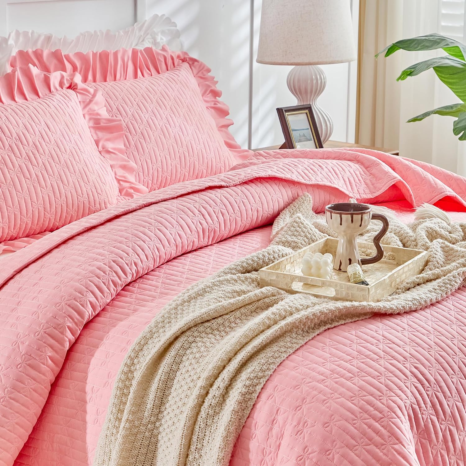 UOZZI Ruffled Quilt Bedding Set Queen 96x96