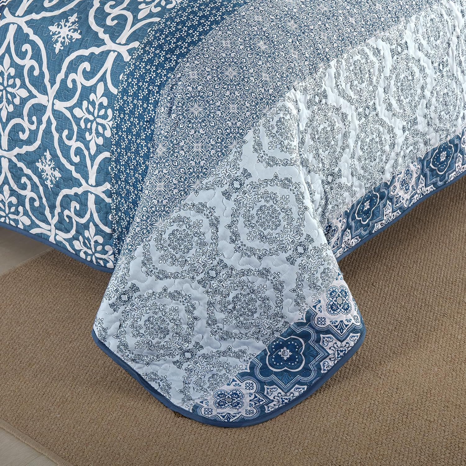 DJY Boho Quilt Set Queen Size 3 Pieces Navy Blue