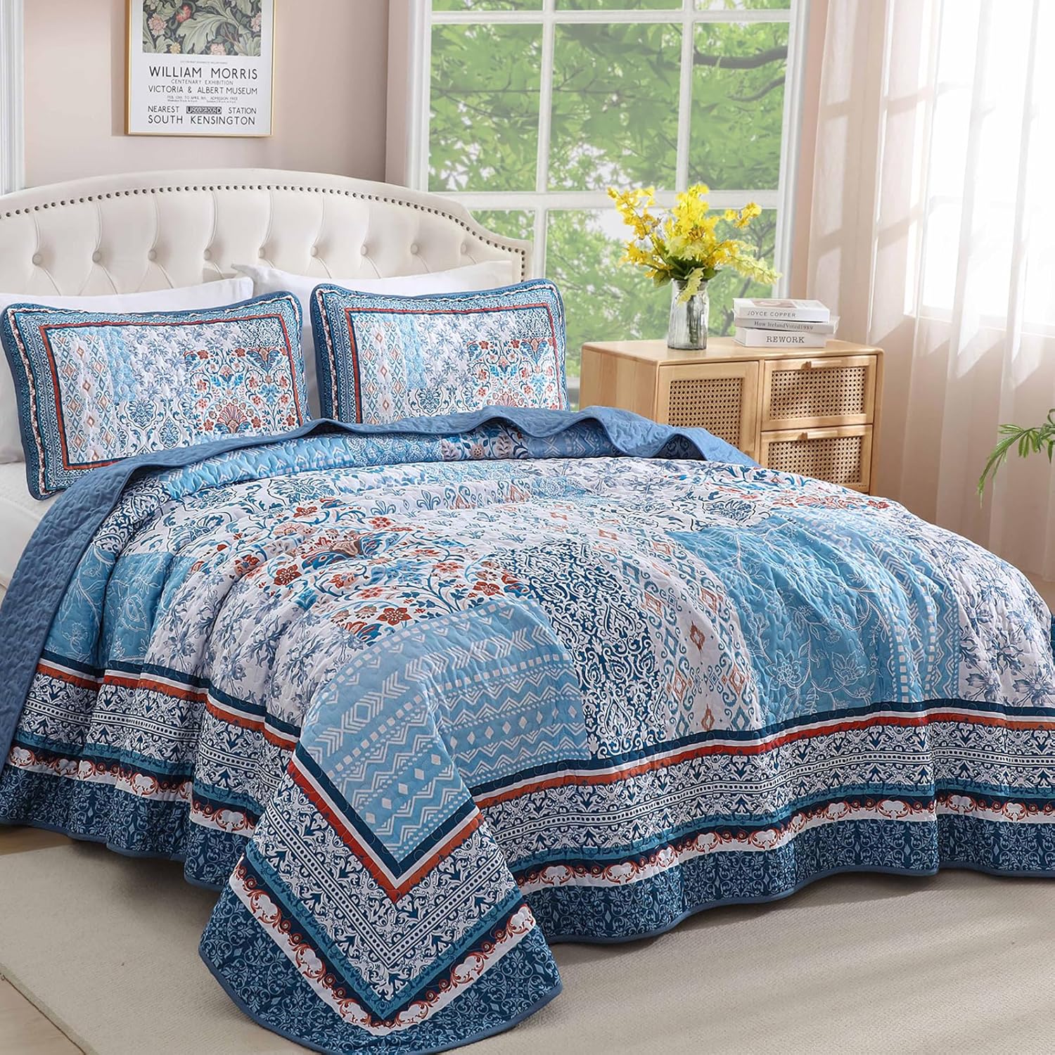 WONGS BEDDING Blue Boho Quilt Set King Size 3 Pieces