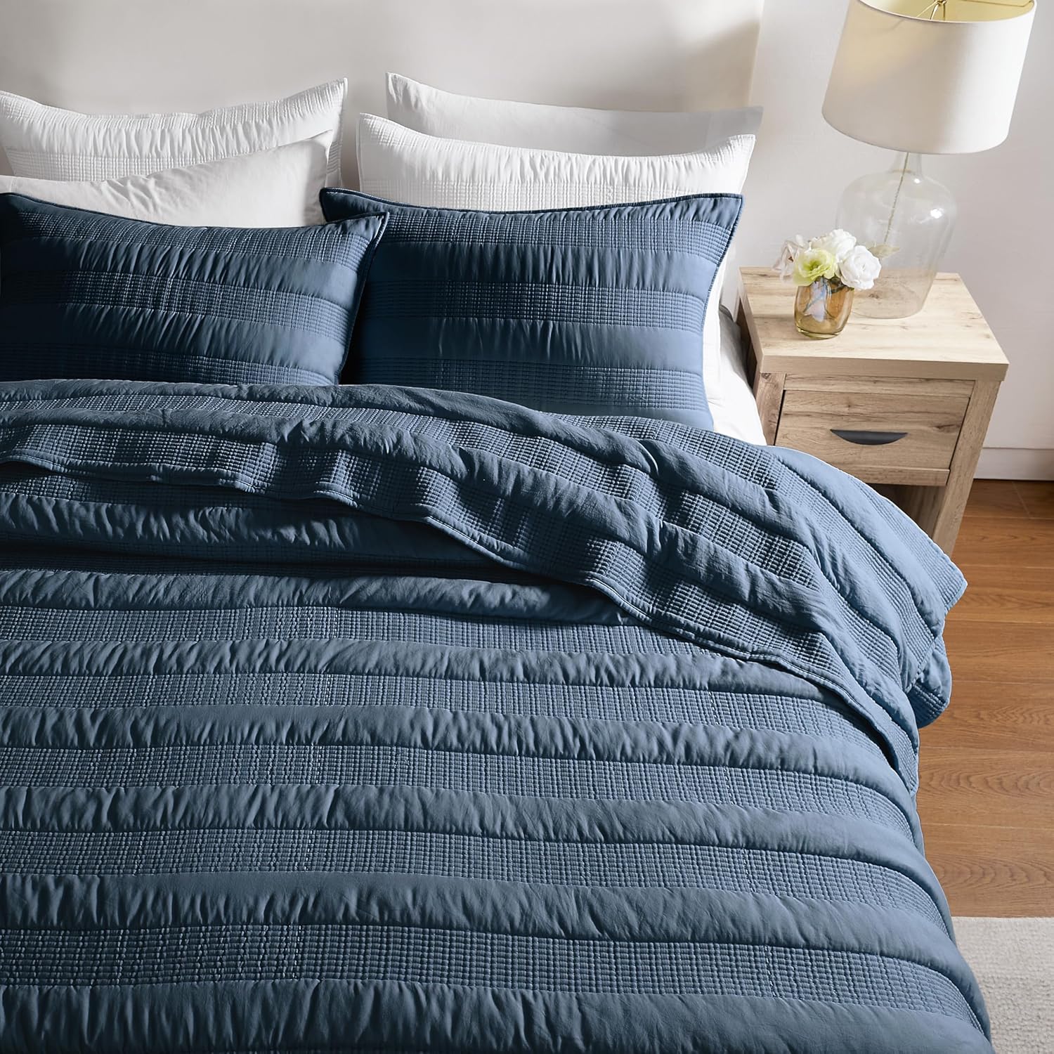 HomeSerene Navy Blue Striped Queen Quilt Set