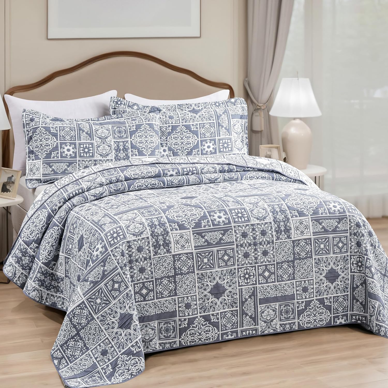Asuexpect 3 Piece Grey Blue Patchwork Quilt Set King Size
