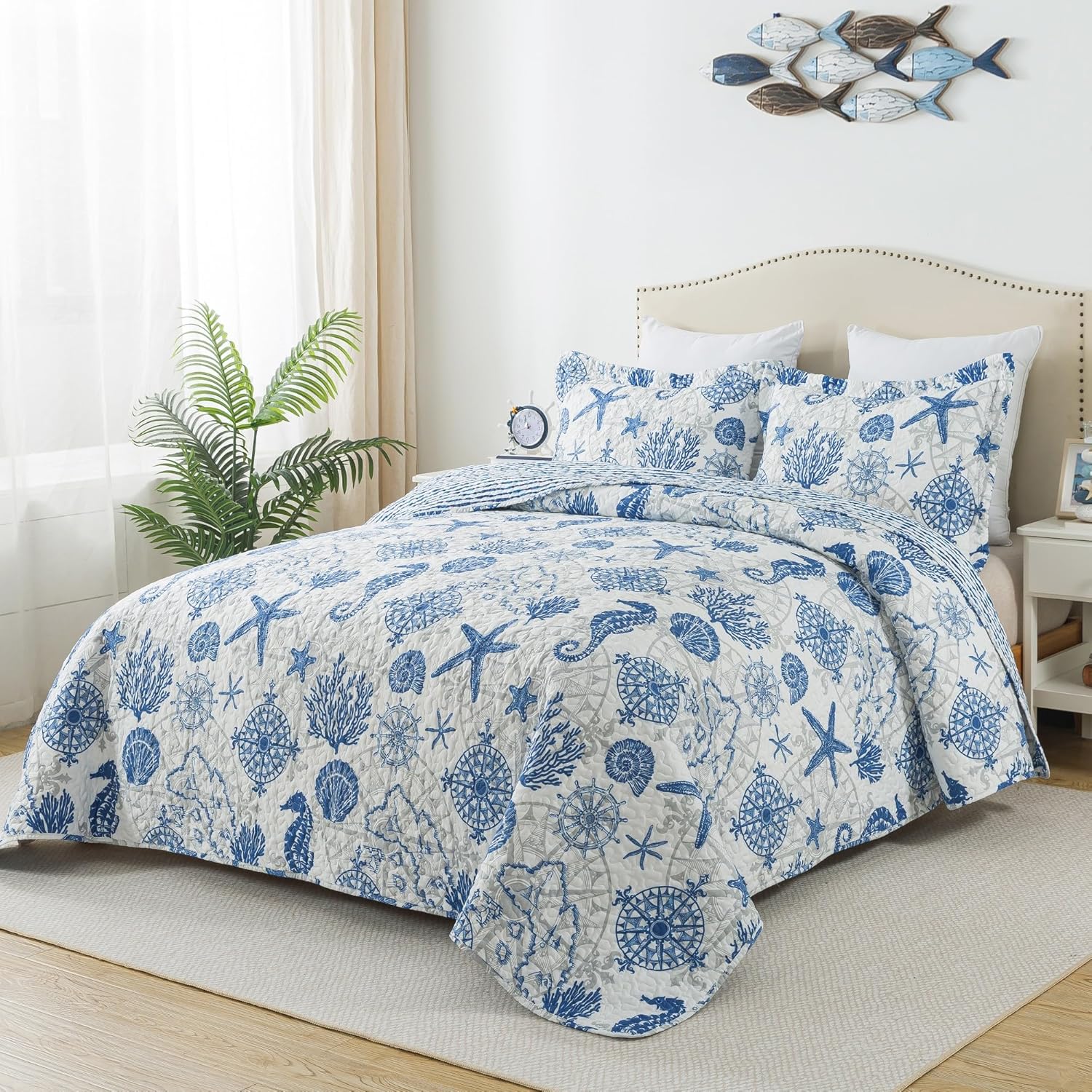 HoneiLife Coastal Quilt Set King - 3 Piece Ocean Themed Bedding