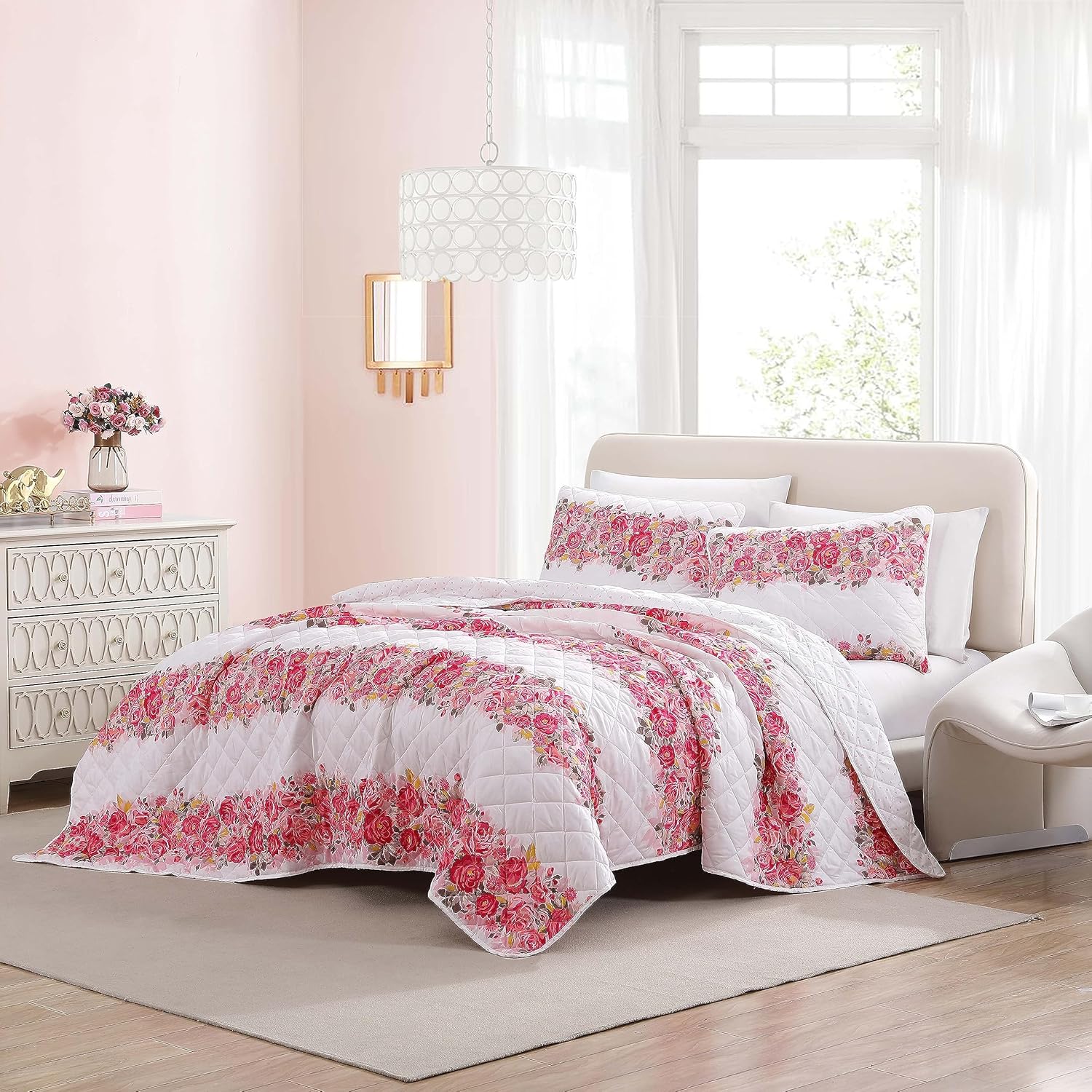 Betsey Johnson Queen Quilt Set - Banded Floral Pink