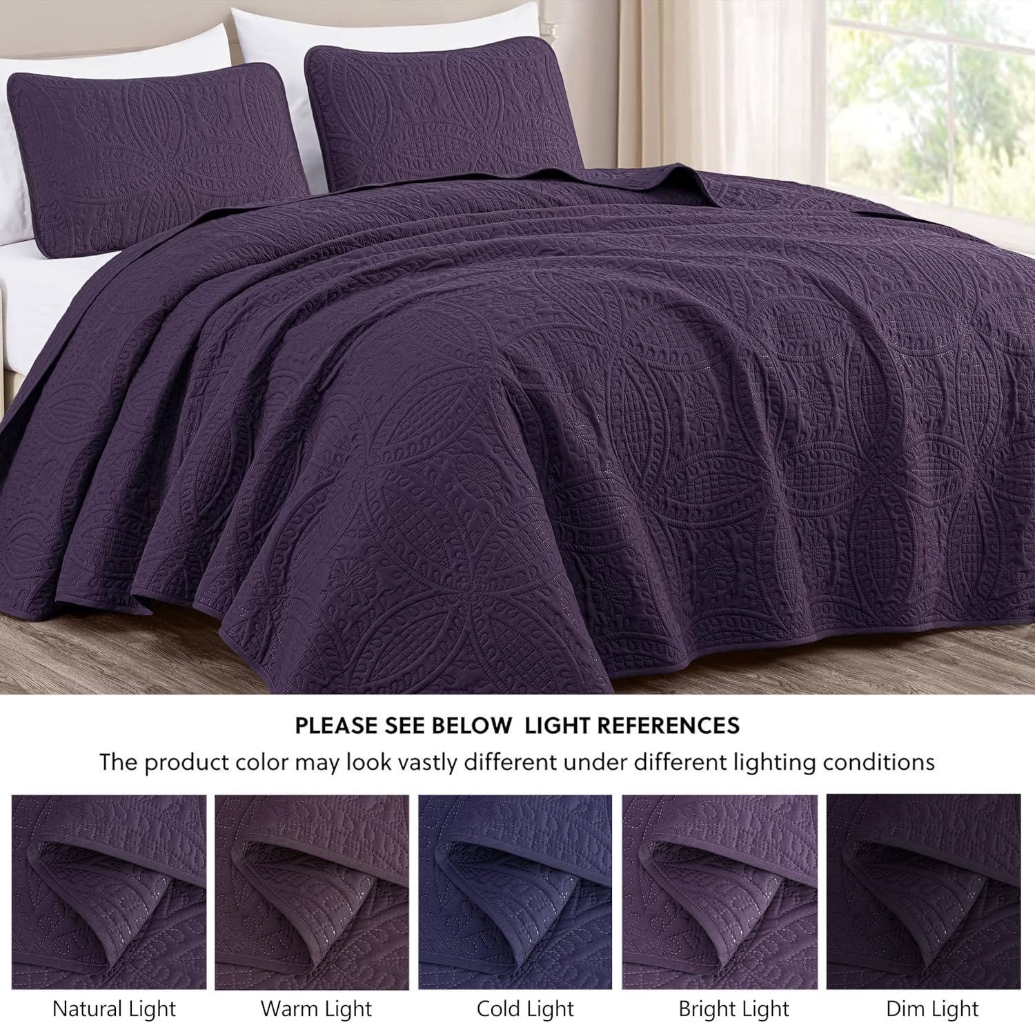 Chezmoi Austin 3-Piece Oversized Bedspread Set King Purple