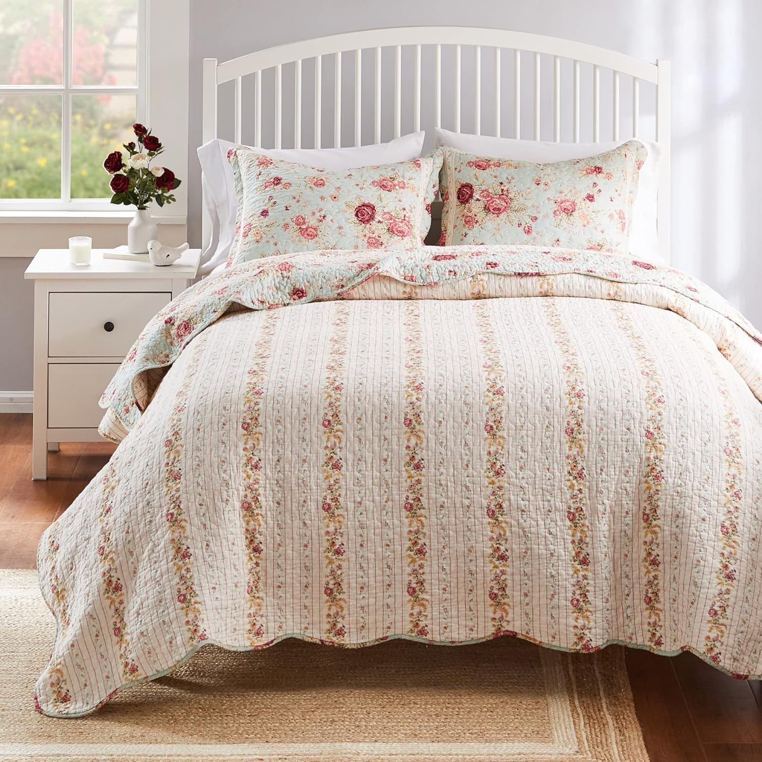 Greenland Home Antique Rose Cotton Quilt Set TwinXL Blue