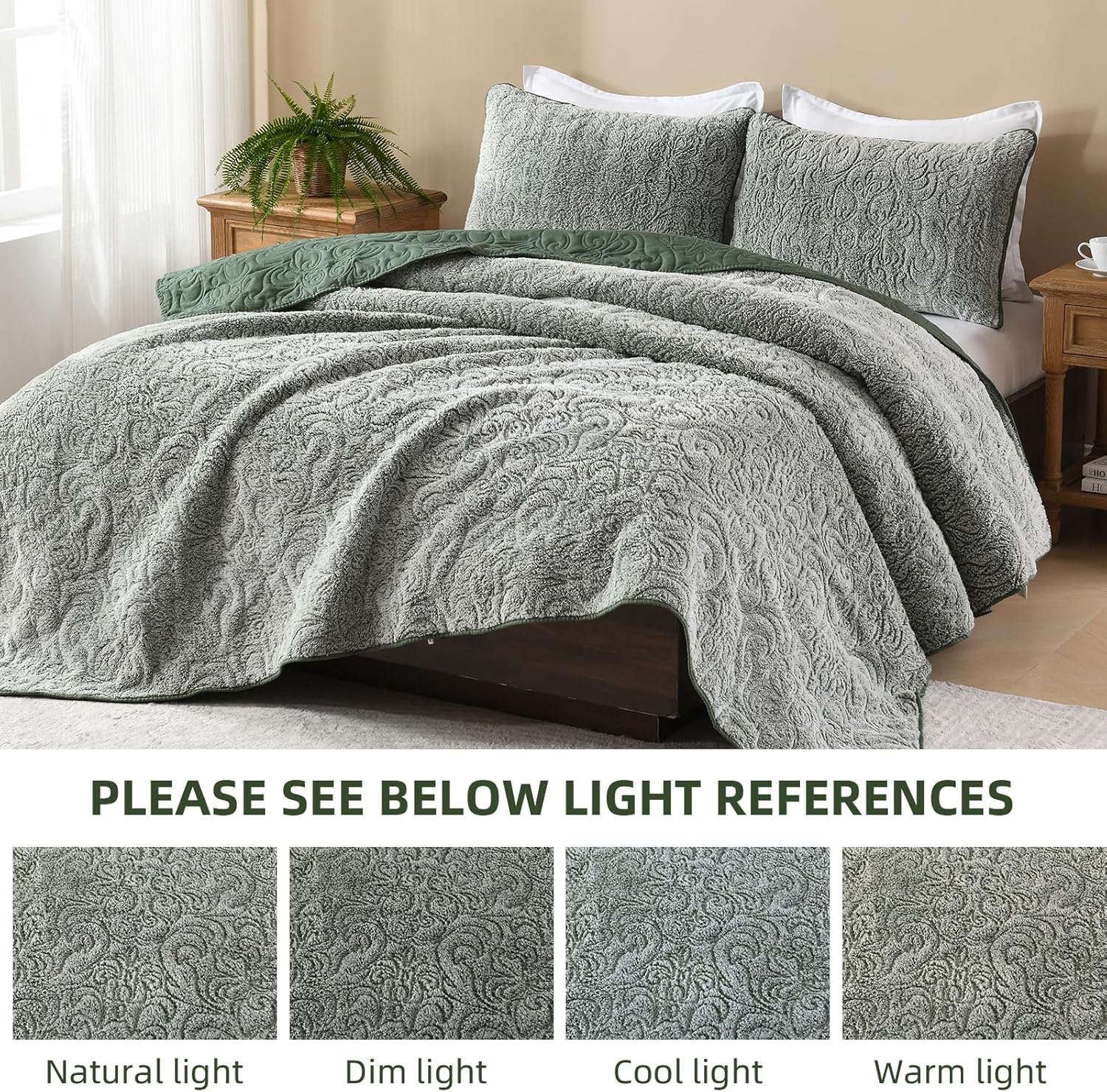 Dobuyly Fluffy Green Queen Quilt Bedding Set