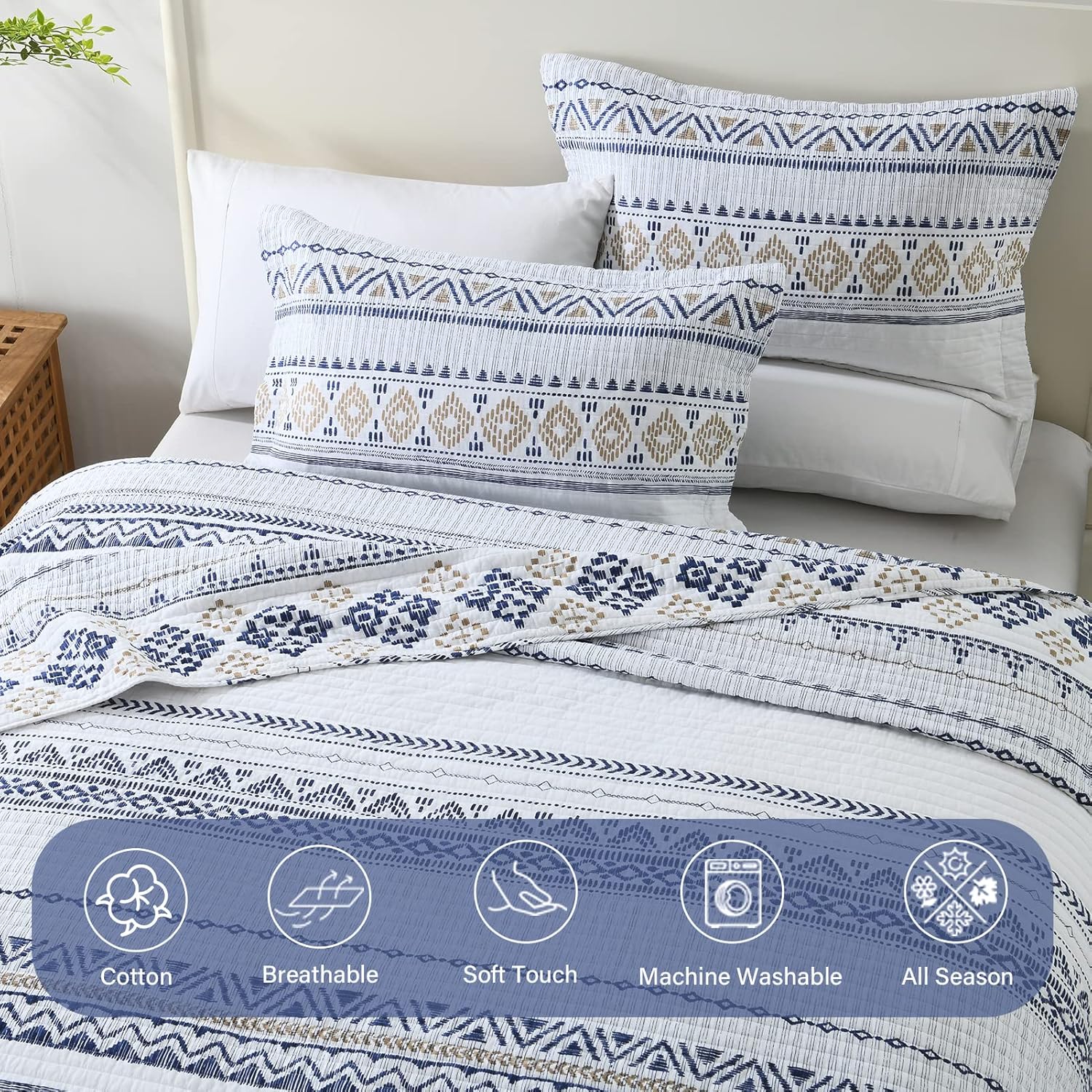 Finlonte Boho Quilt Set Queen Size 3 PCS White Navy Striped