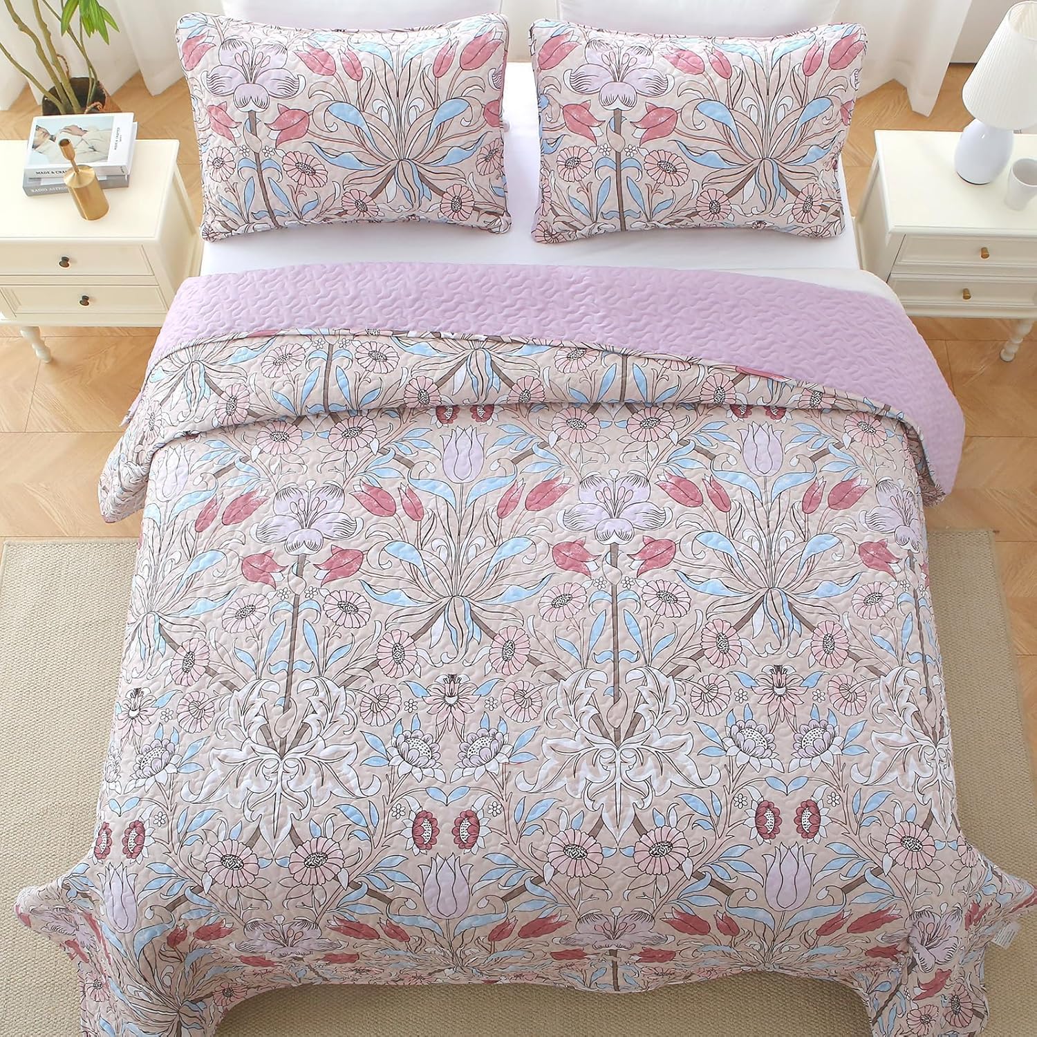 Heymybed Botanical Quilt Set Queen Size Pink Floral
