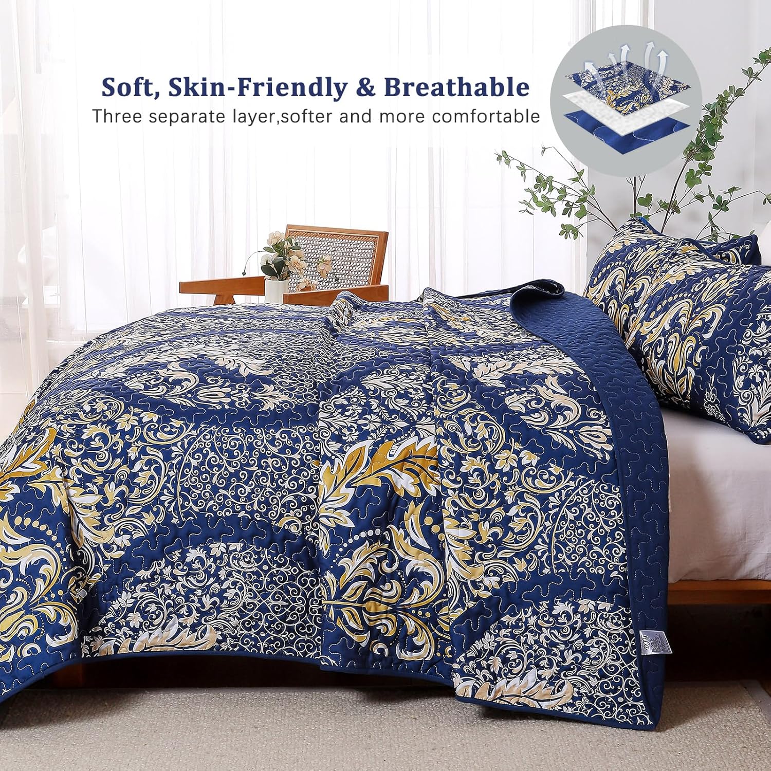 Navy Damask Quilt Set King 3Pcs Microfiber