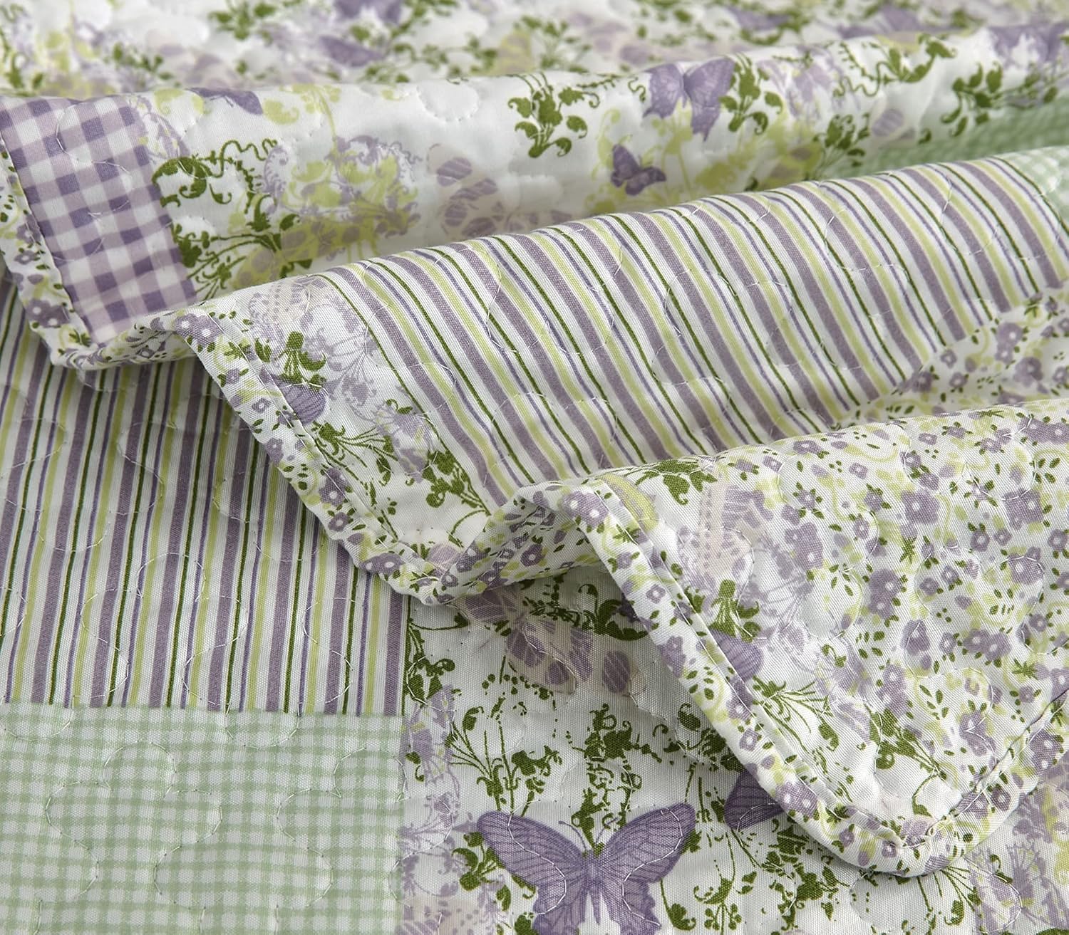 Chezmoi Collection Daisy 3-Piece Quilt Set - Purple Butterfly Botanical Design