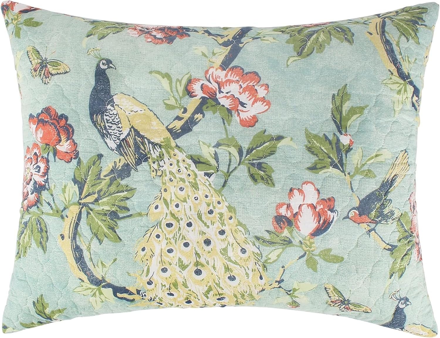 Benjara Eden Twin XL Quilt Set Peacock and Songbirds Microfiber Green and Blue