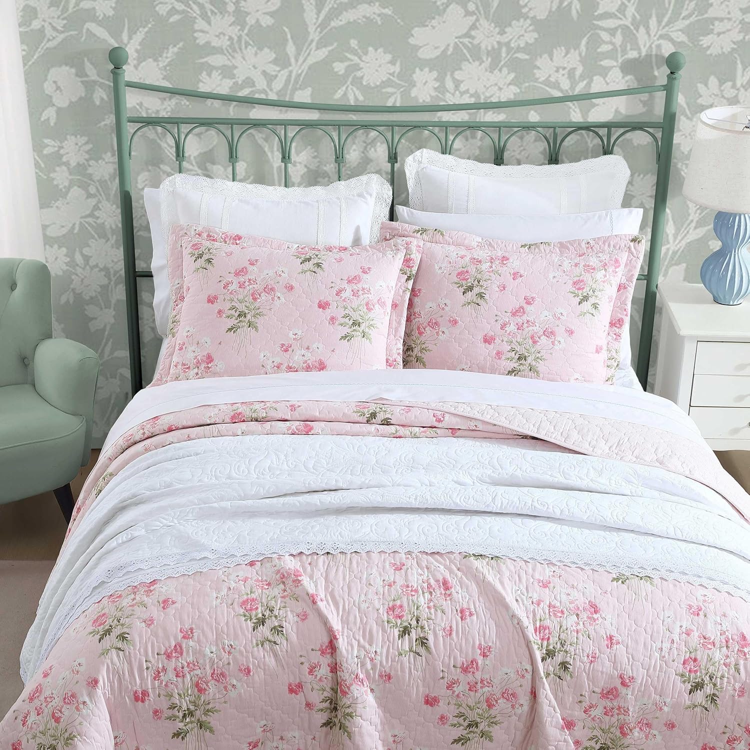 Laura Ashley King Quilt Set with Shams and Coquette Decor