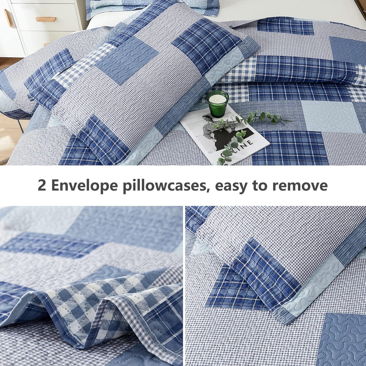 Jarson Light Blue Plaid Quilt Set 3Pcs King Size Reversible