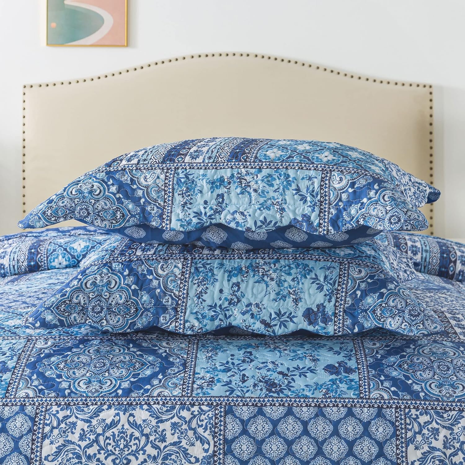HoneiLife King Quilt Set - 3 Piece Blue Floral Bedding