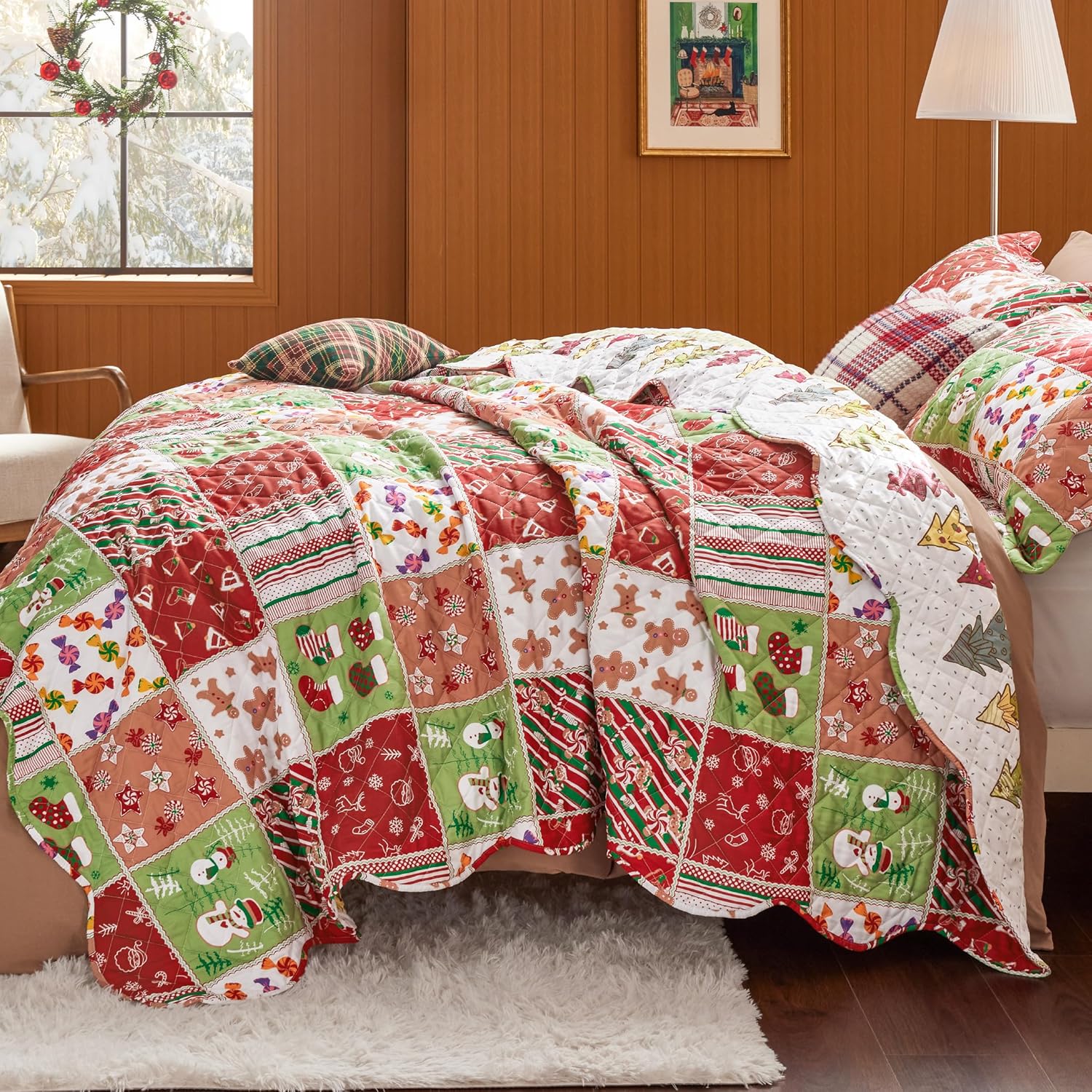 Bedsure Christmas Quilt Set King - Red and Multicolor