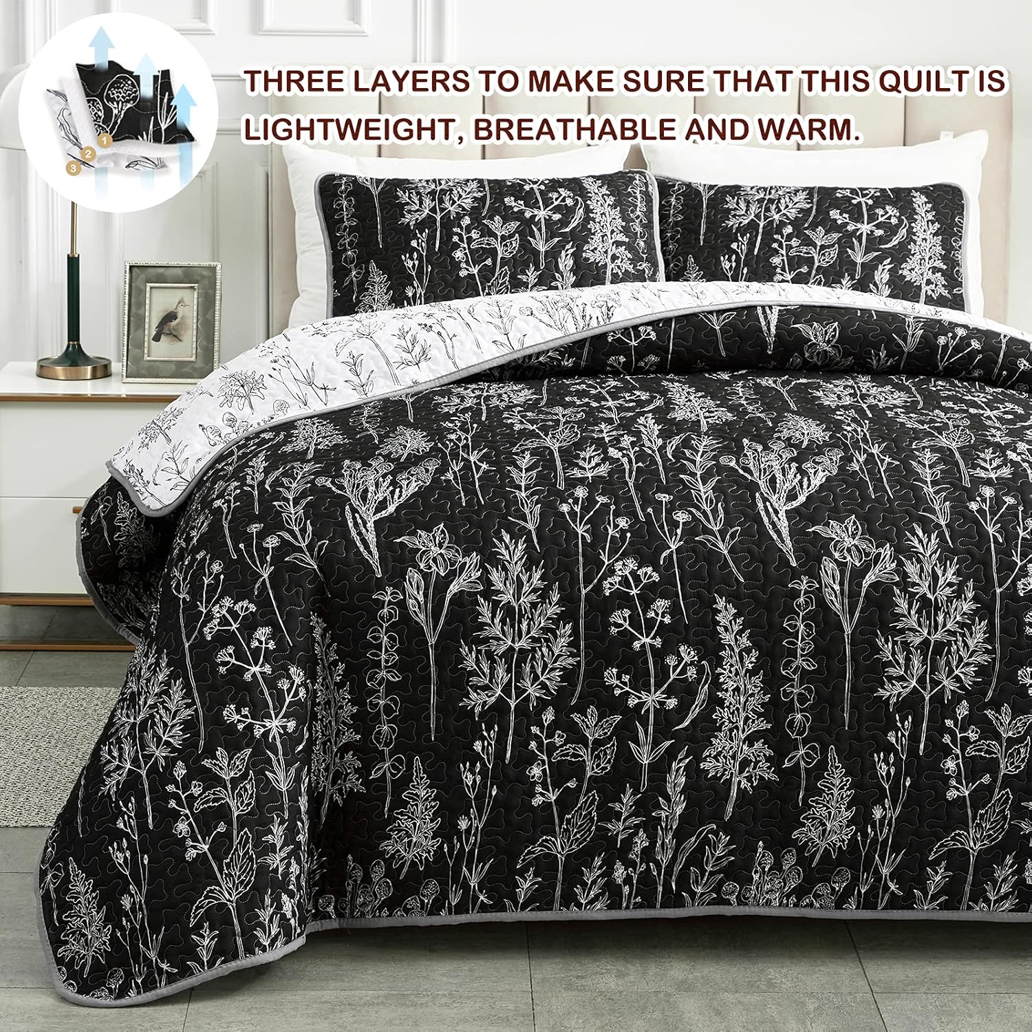 Joyreap 3 Piece Quilt Set Full Queen Black White Reversible