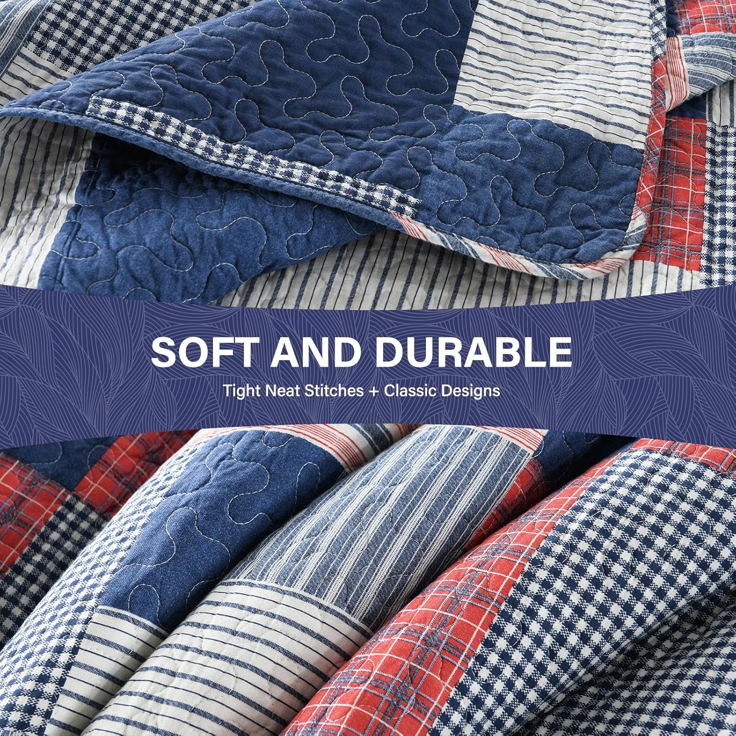 SahSahCasa King Quilt Set 3Pcs Blue Red White 1