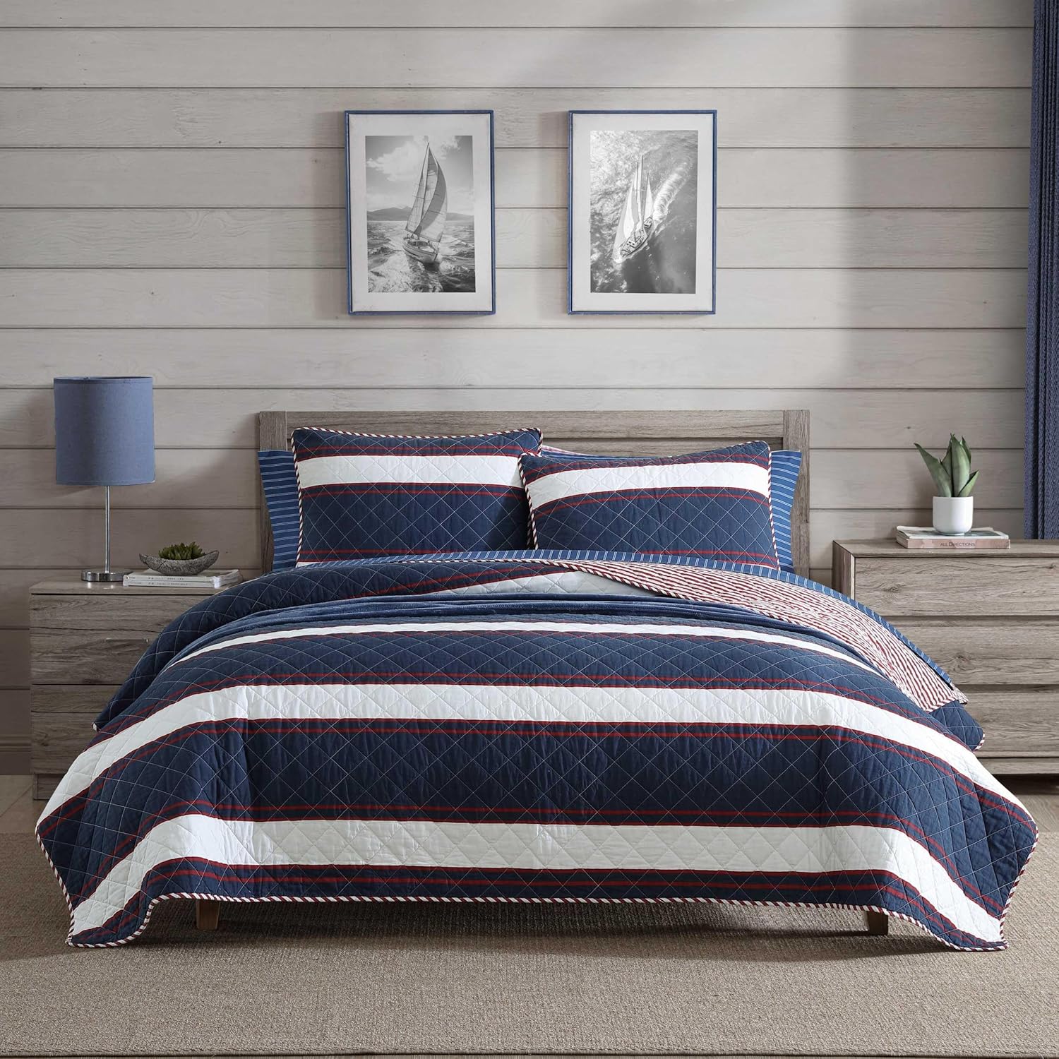 Nautica Twin Quilt Set with Reversible Striped Design