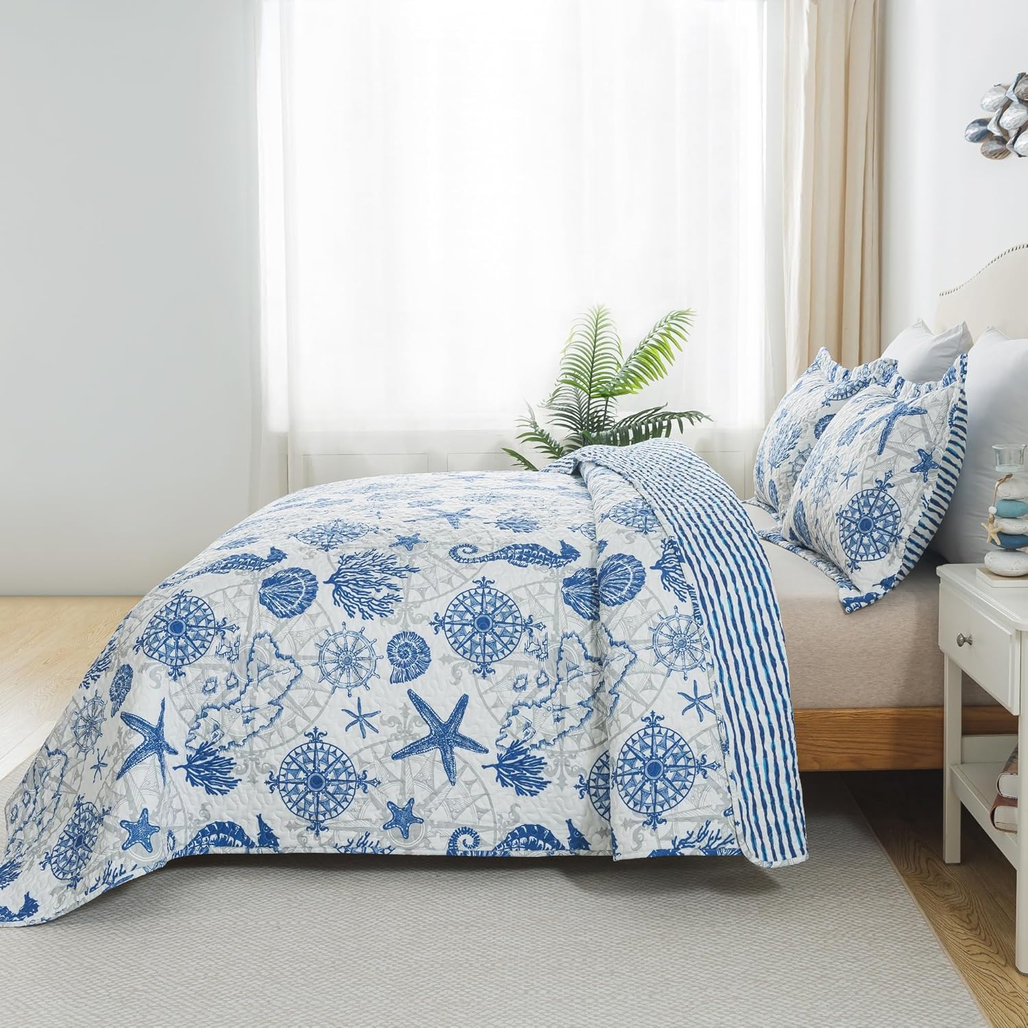 HoneiLife Coastal Quilt Set King - 3 Piece Ocean Themed Bedding