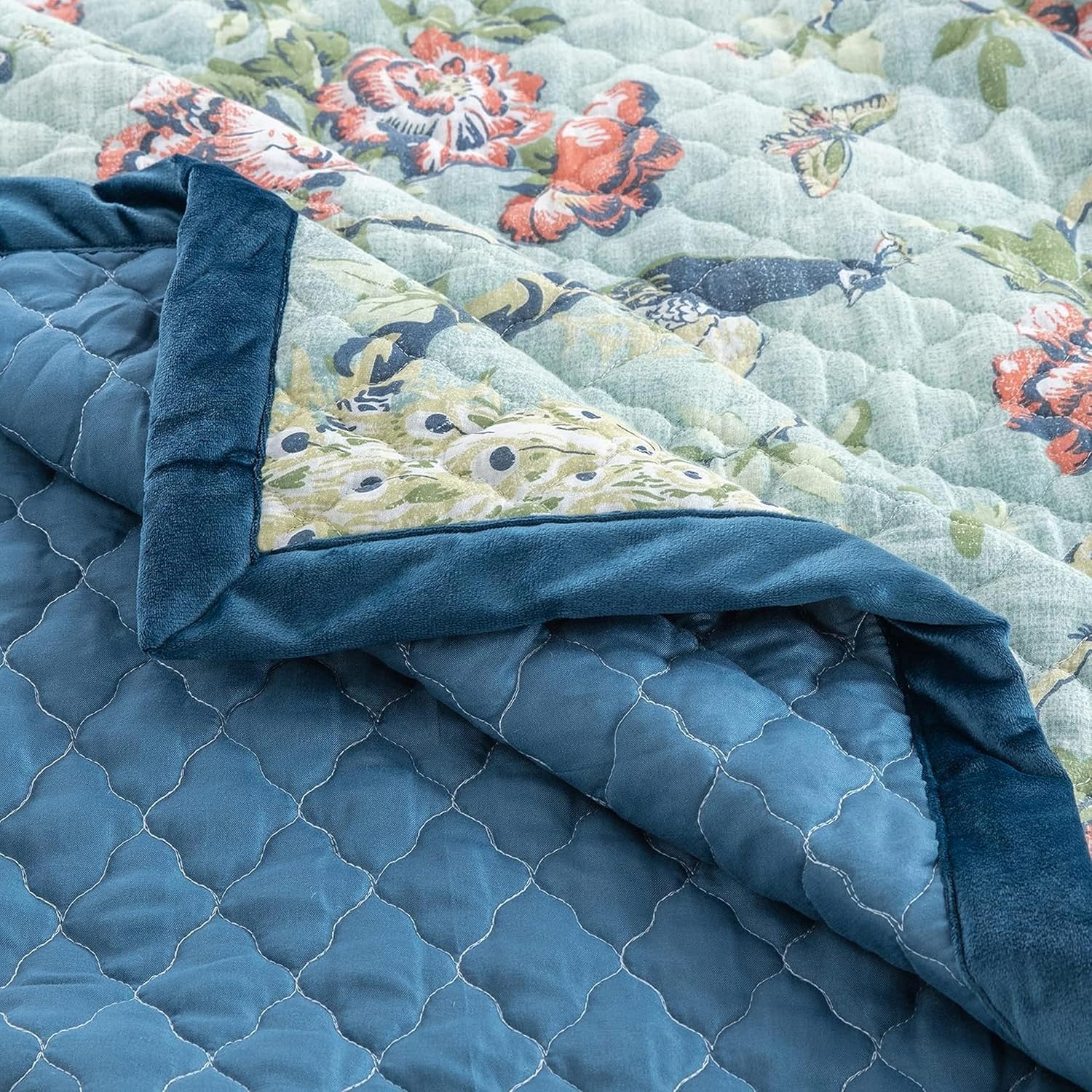 Benjara Eden Twin XL Quilt Set Peacock and Songbirds Microfiber Green and Blue