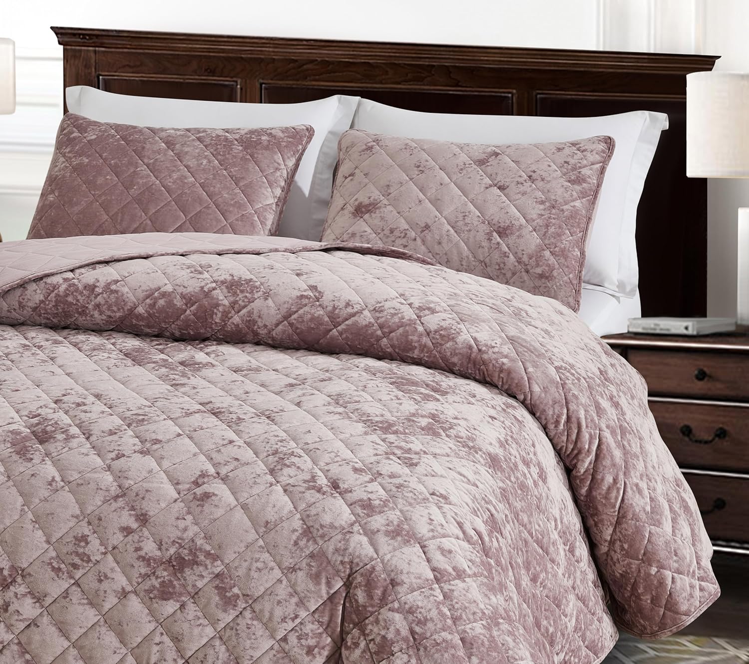 Chezmoi Lux Dusty Pink Velvet Quilt King Set