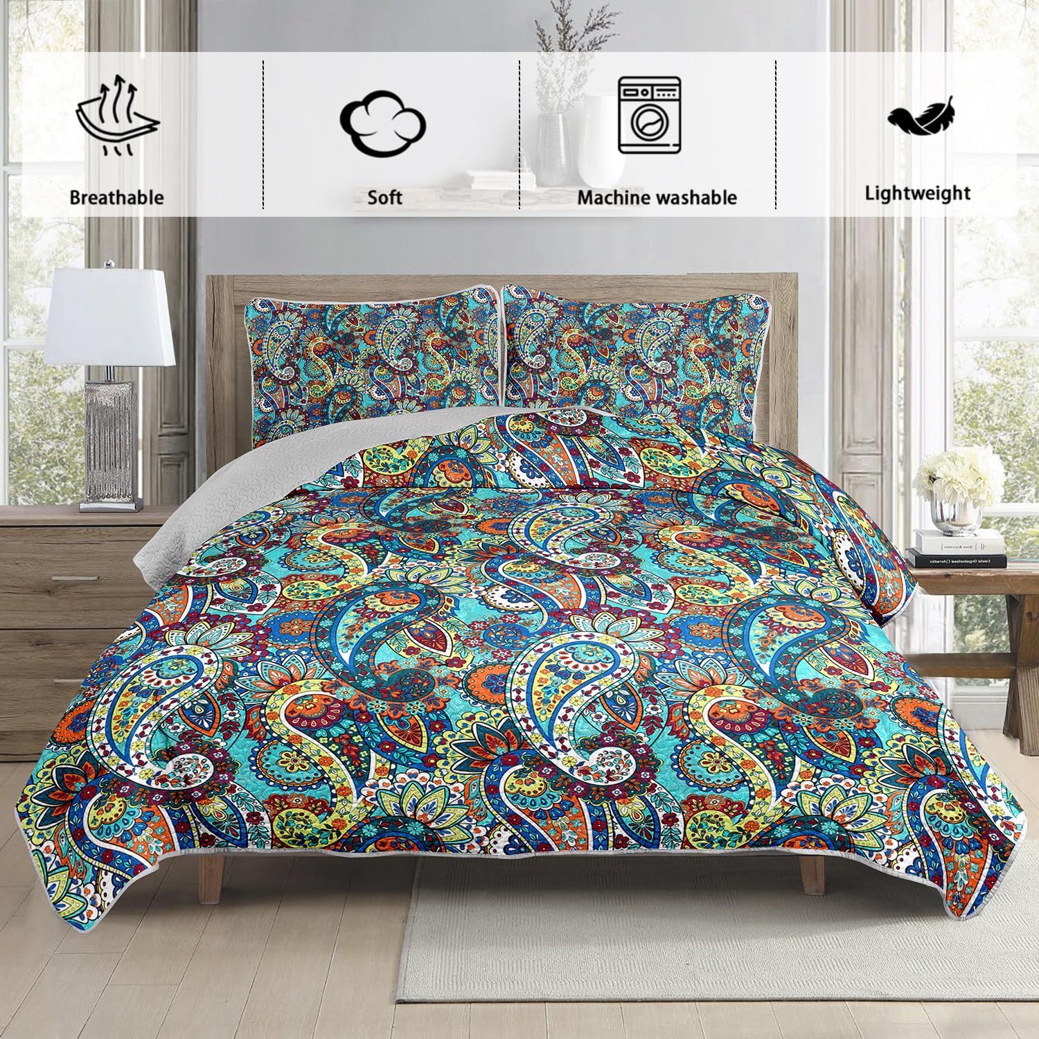 Boho Style King Quilt Set with 2 Pillowcases