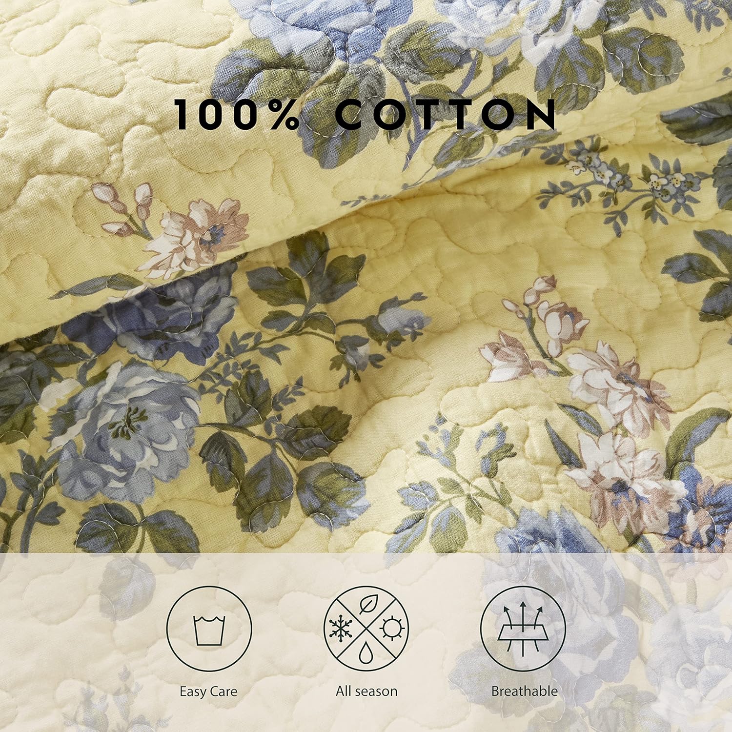 Laura Ashley Twin Quilt Set - Linley Yellow Reversible Cotton Bedding with Matching Sham