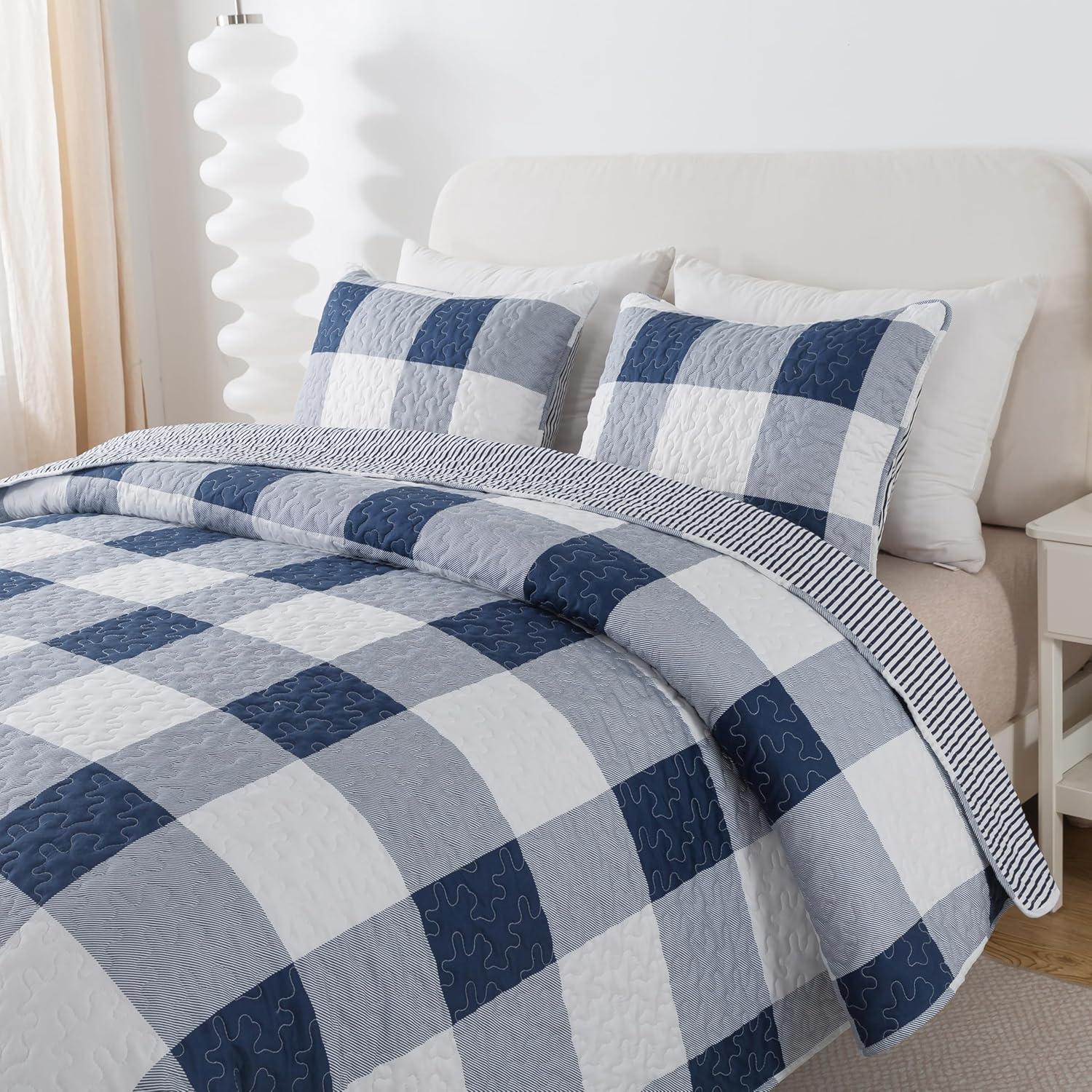 Soul Lane Blue White Buffalo Plaid Quilt Set - King Size